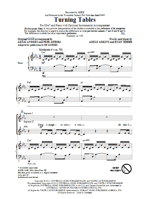 Download Adele Turning Tables (arr. Ed Lojeski) Sheet Music and learn how to play SAB PDF digital score in minutes