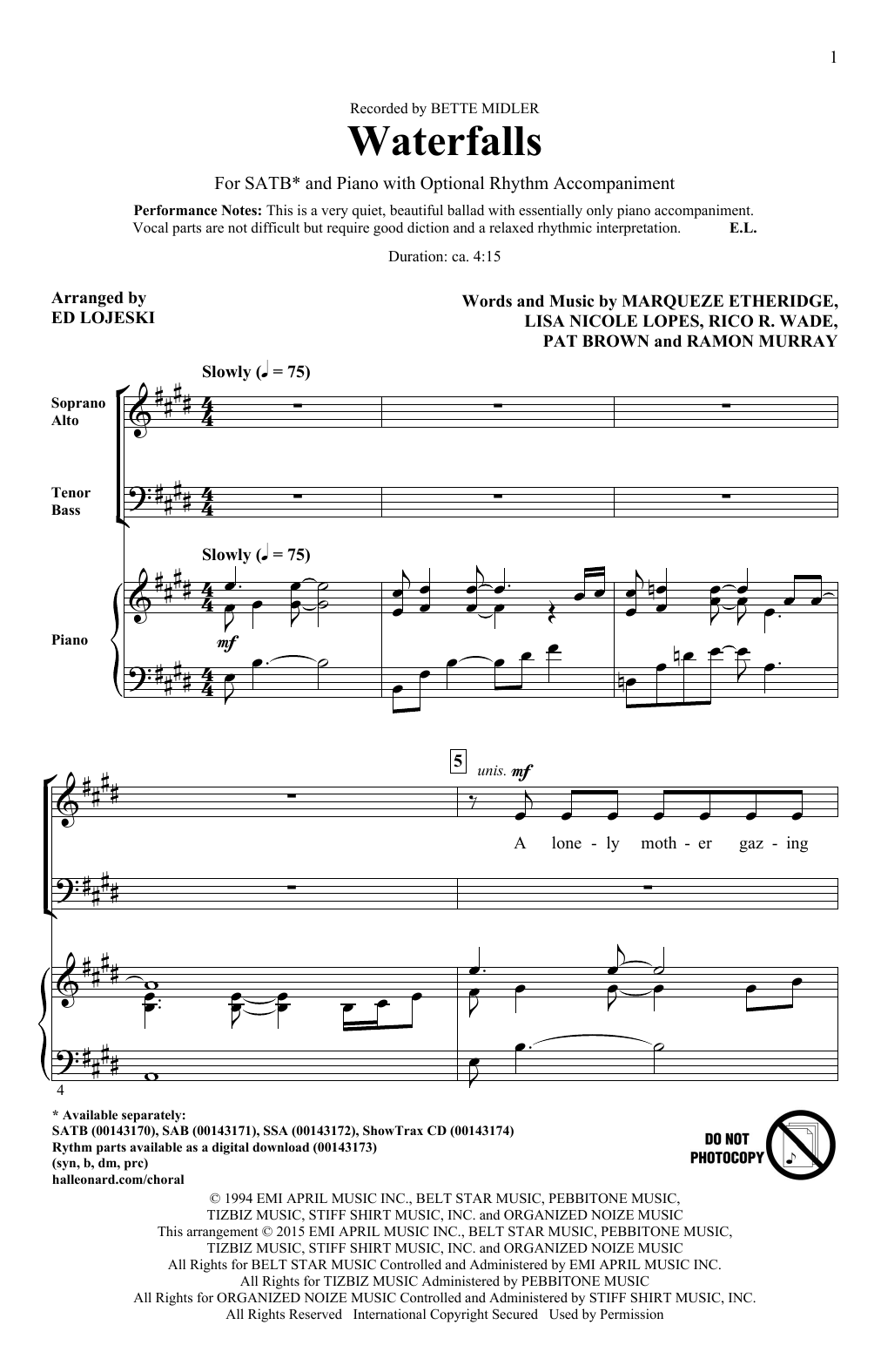 Download Bette Midler Waterfalls (arr. Ed Lojeski) Sheet Music and learn how to play SATB PDF digital score in minutes