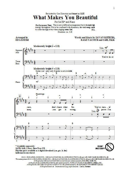 Download One Direction What Makes You Beautiful (arr. Ed Lojeski) Sheet Music and learn how to play SATB PDF digital score in minutes