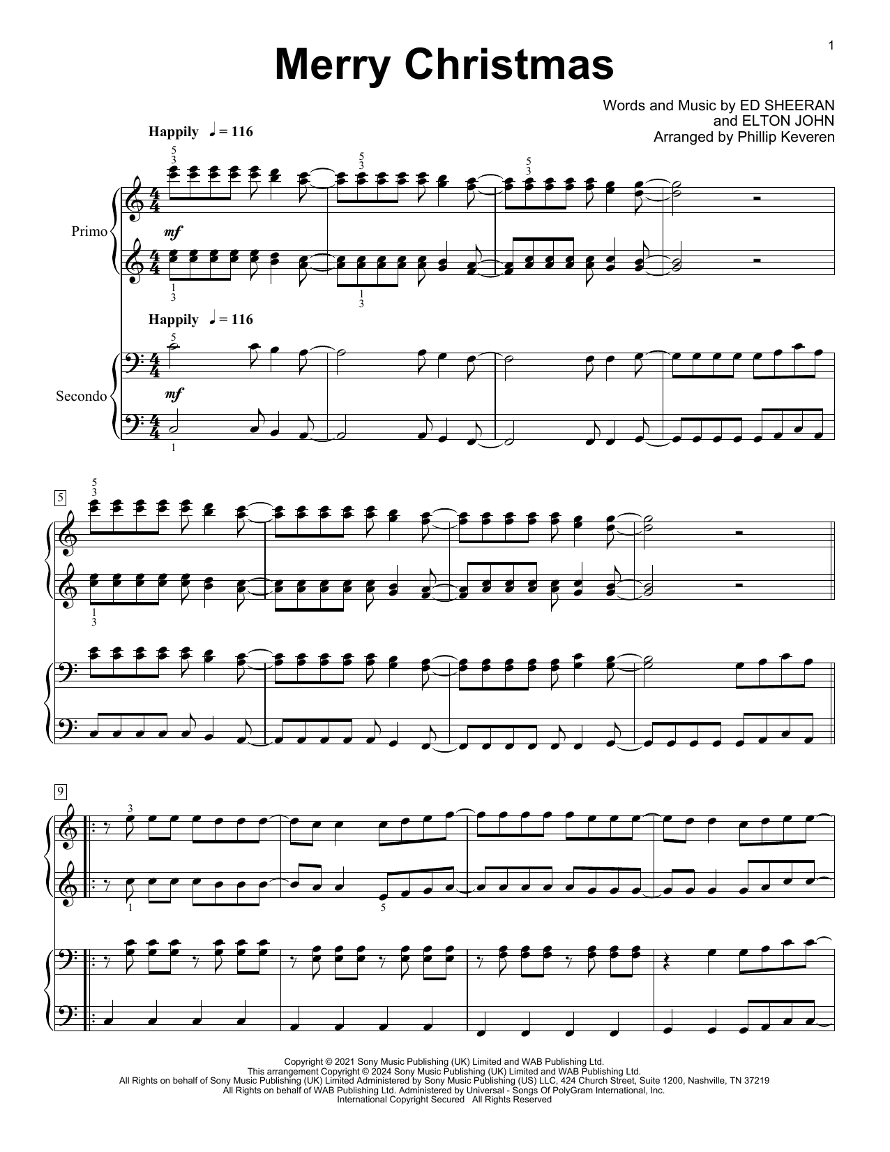 Download Ed Sheeran & Elton John Merry Christmas (arr. Phillip Keveren) Sheet Music and learn how to play Piano Duet PDF digital score in minutes