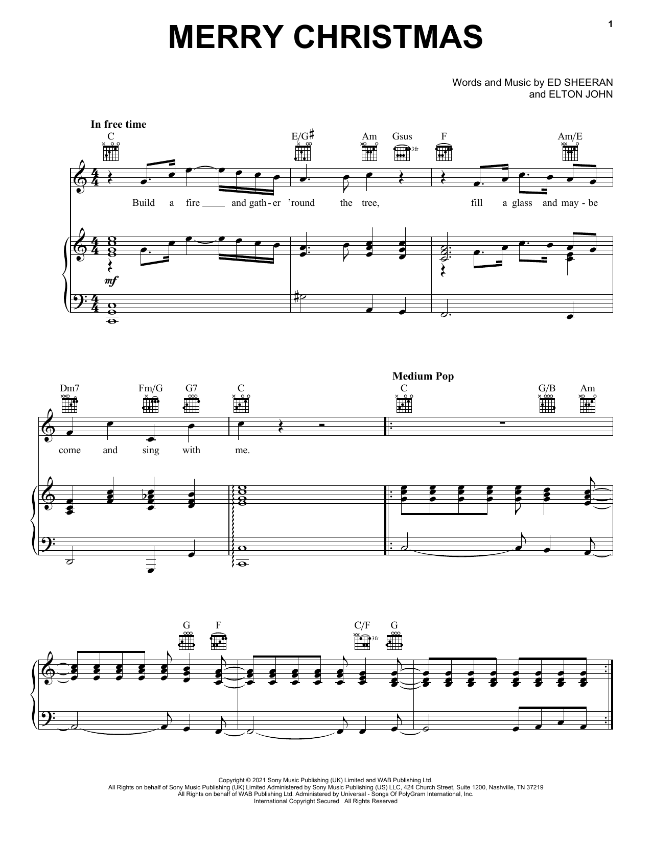 Download Ed Sheeran & Elton John Merry Christmas Sheet Music and learn how to play Piano, Vocal & Guitar Chords (Right-Hand Melody) PDF digital score in minutes
