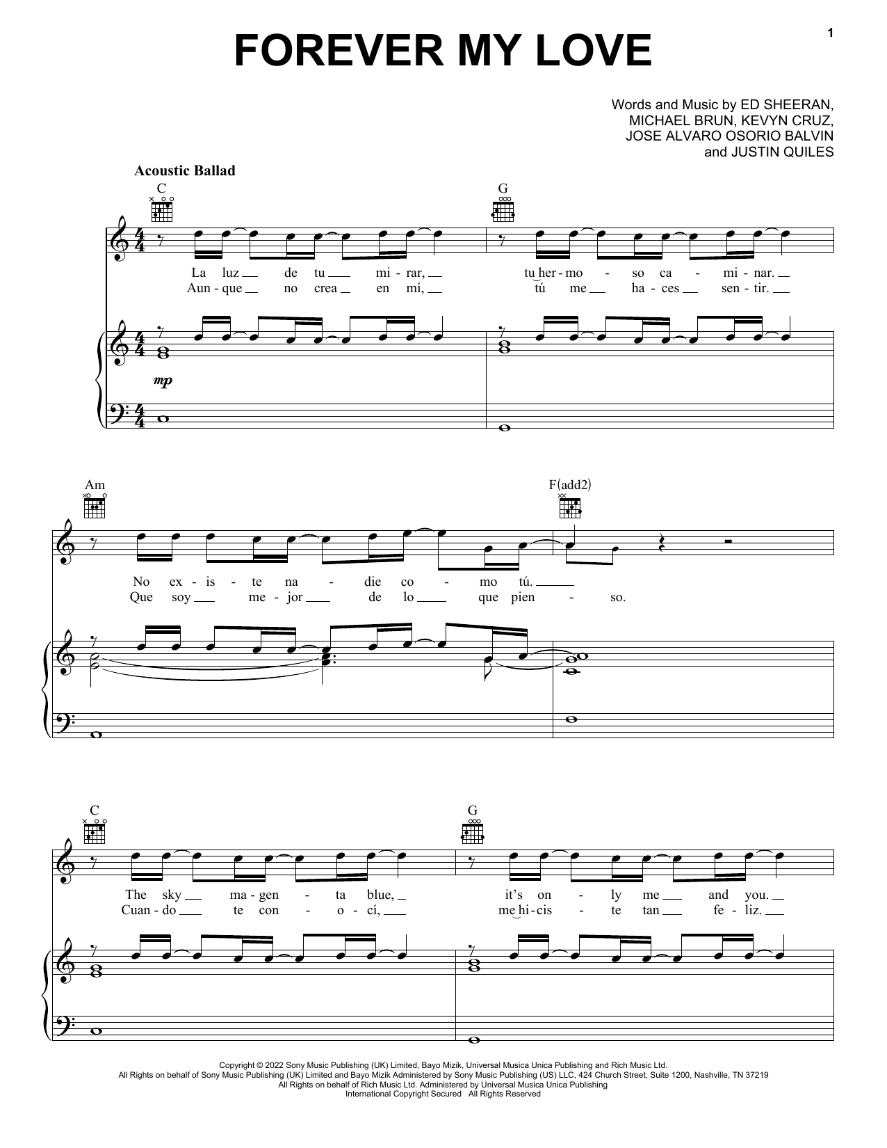 Download Ed Sheeran & J Balvin Forever My Love Sheet Music and learn how to play Piano, Vocal & Guitar Chords (Right-Hand Melody) PDF digital score in minutes