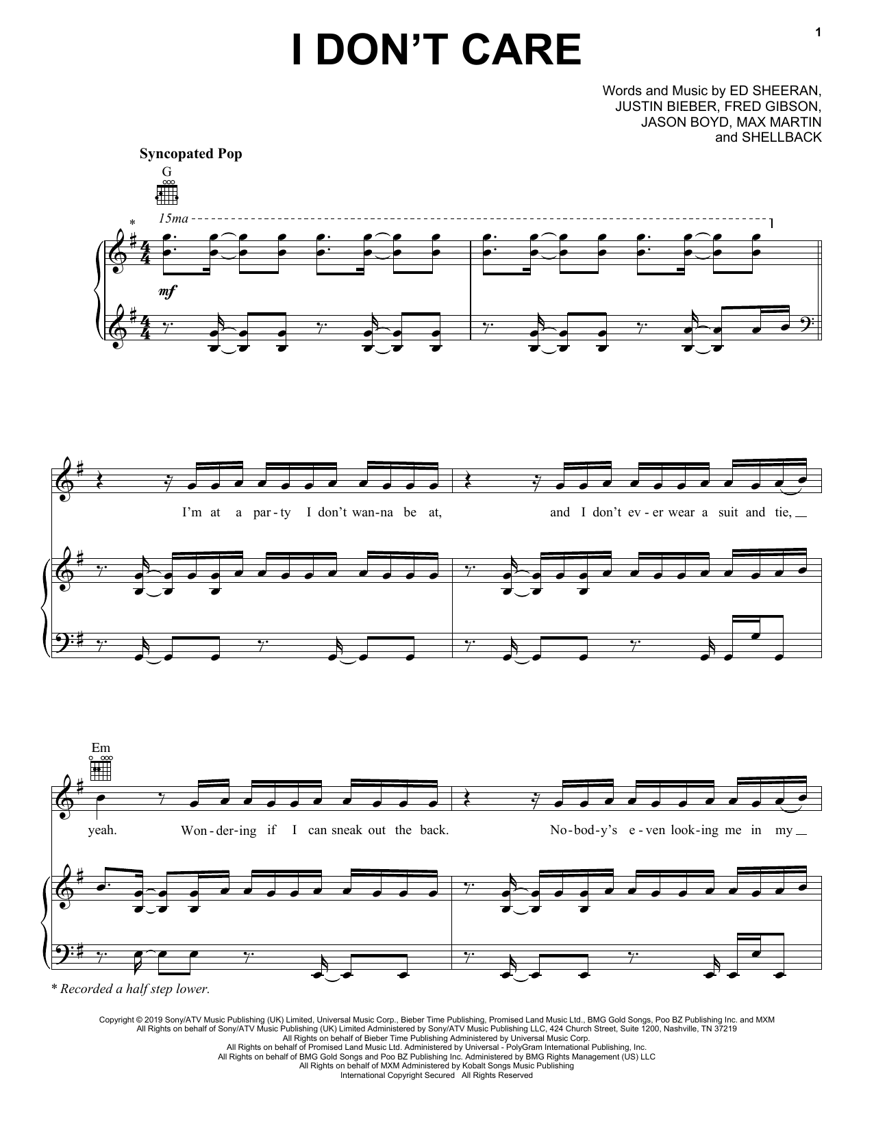 Download Ed Sheeran & Justin Bieber I Don't Care Sheet Music and learn how to play Very Easy Piano PDF digital score in minutes