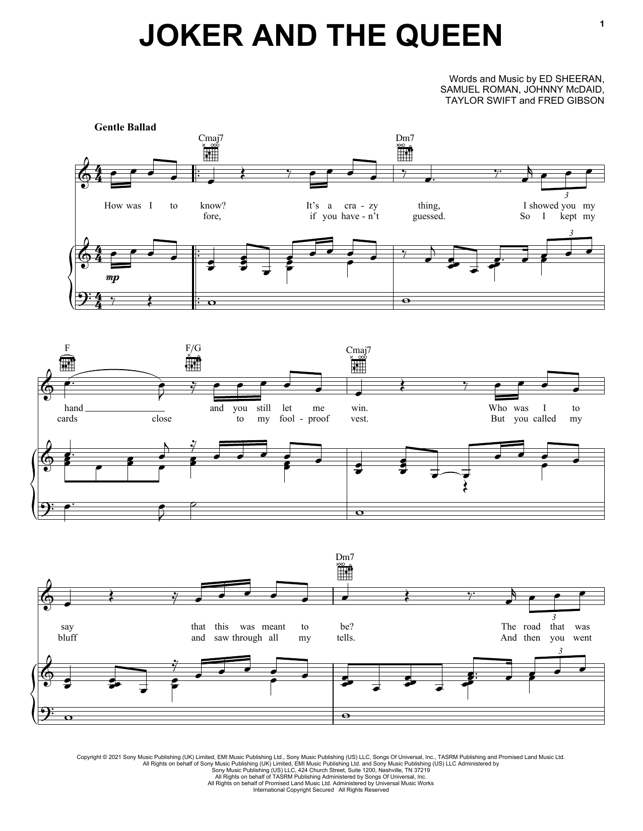 Download Ed Sheeran & Taylor Swift The Joker And The Queen Sheet Music and learn how to play Piano, Vocal & Guitar Chords (Right-Hand Melody) PDF digital score in minutes