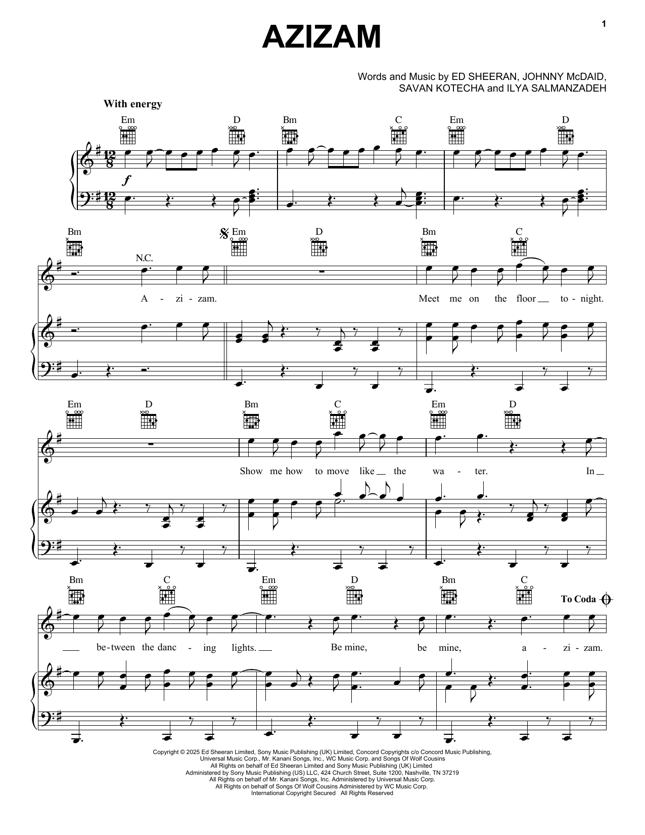 Download Ed Sheeran Azizam Sheet Music and learn how to play Piano, Vocal & Guitar Chords (Right-Hand Melody) PDF digital score in minutes