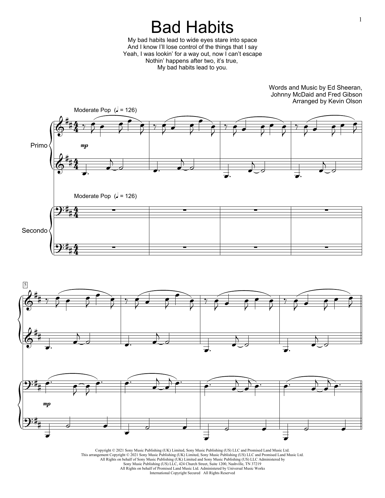 Download Ed Sheeran Bad Habits (arr. Kevin Olson) Sheet Music and learn how to play Piano Duet PDF digital score in minutes