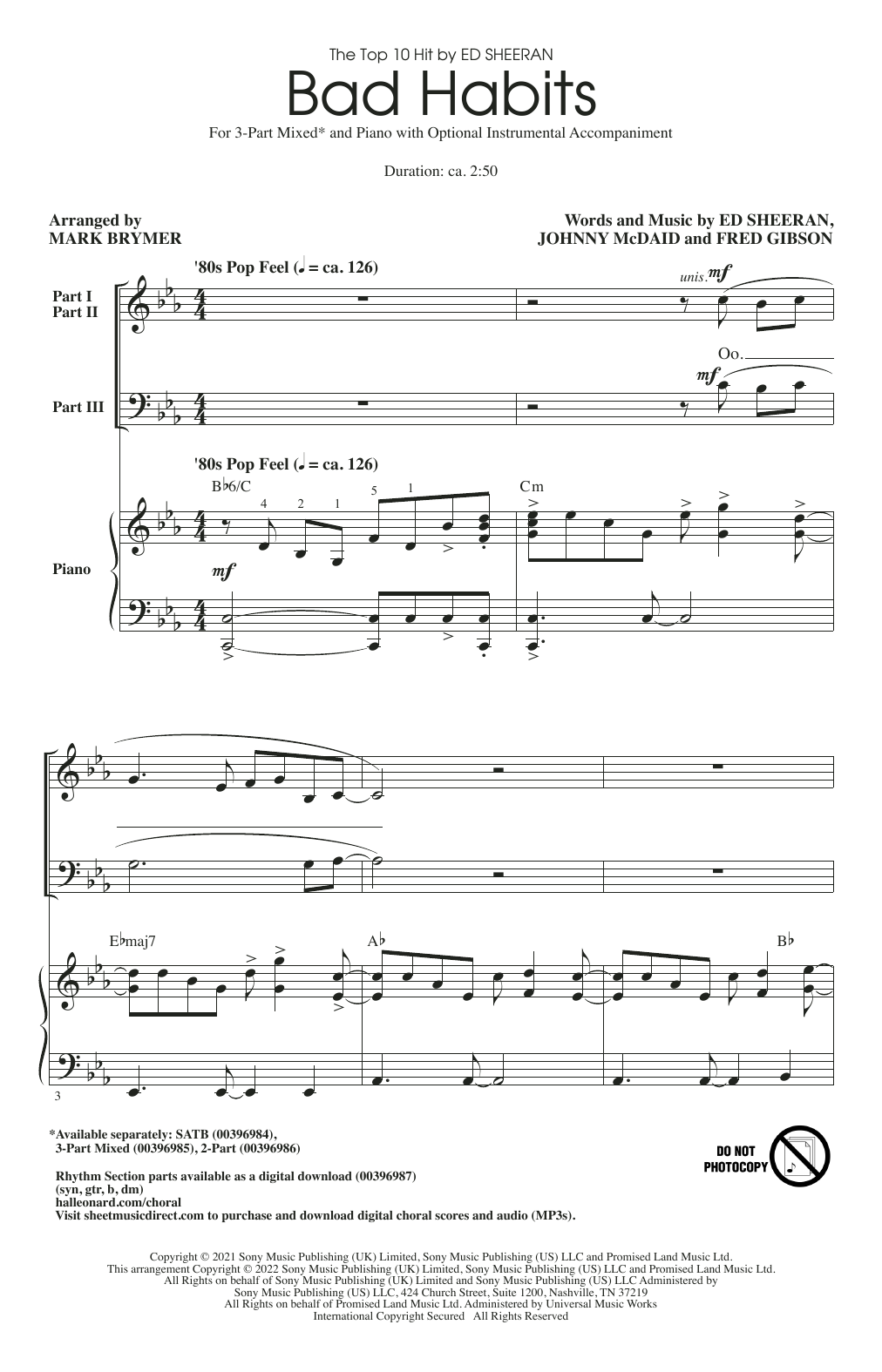 Download Ed Sheeran Bad Habits (arr. Mark Brymer) Sheet Music and learn how to play 2-Part Choir PDF digital score in minutes