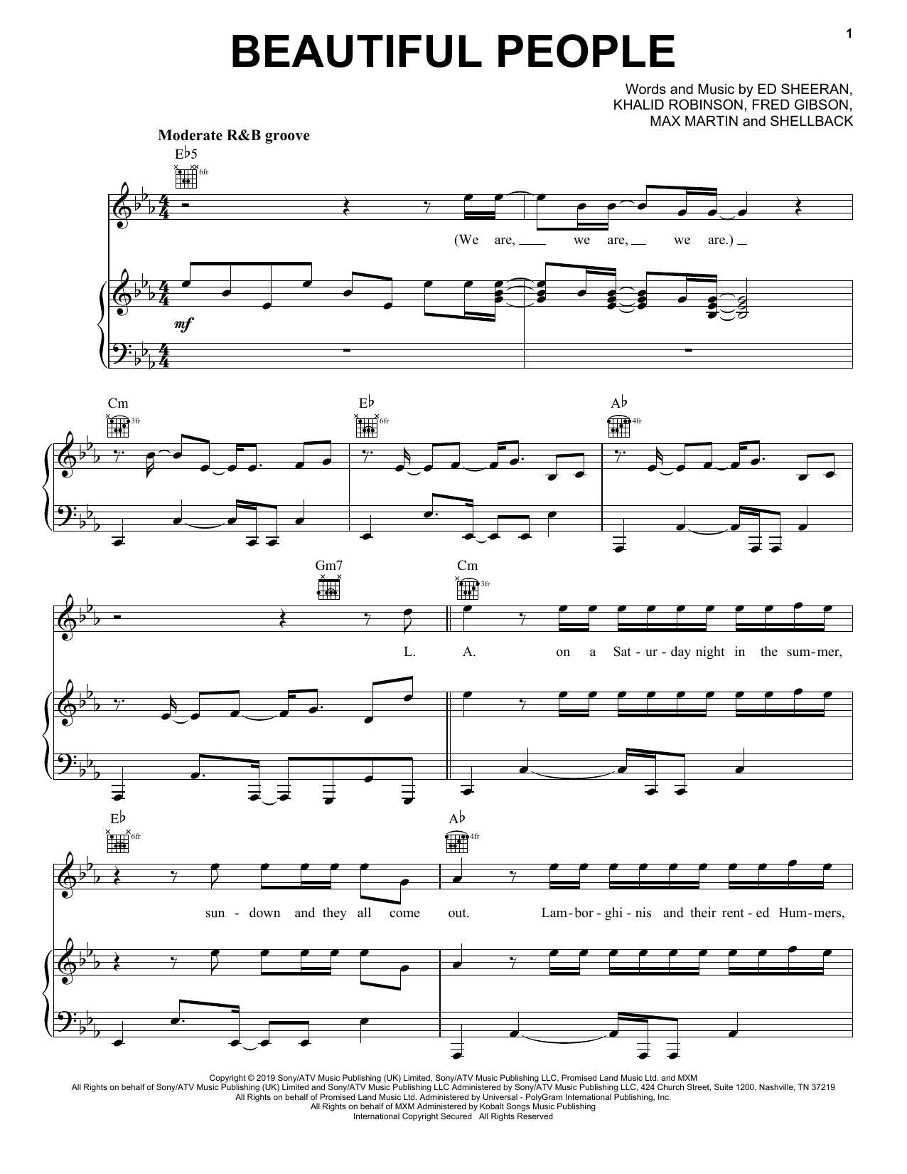 Download Ed Sheeran Beautiful People (feat. Khalid) Sheet Music and learn how to play Big Note Piano PDF digital score in minutes