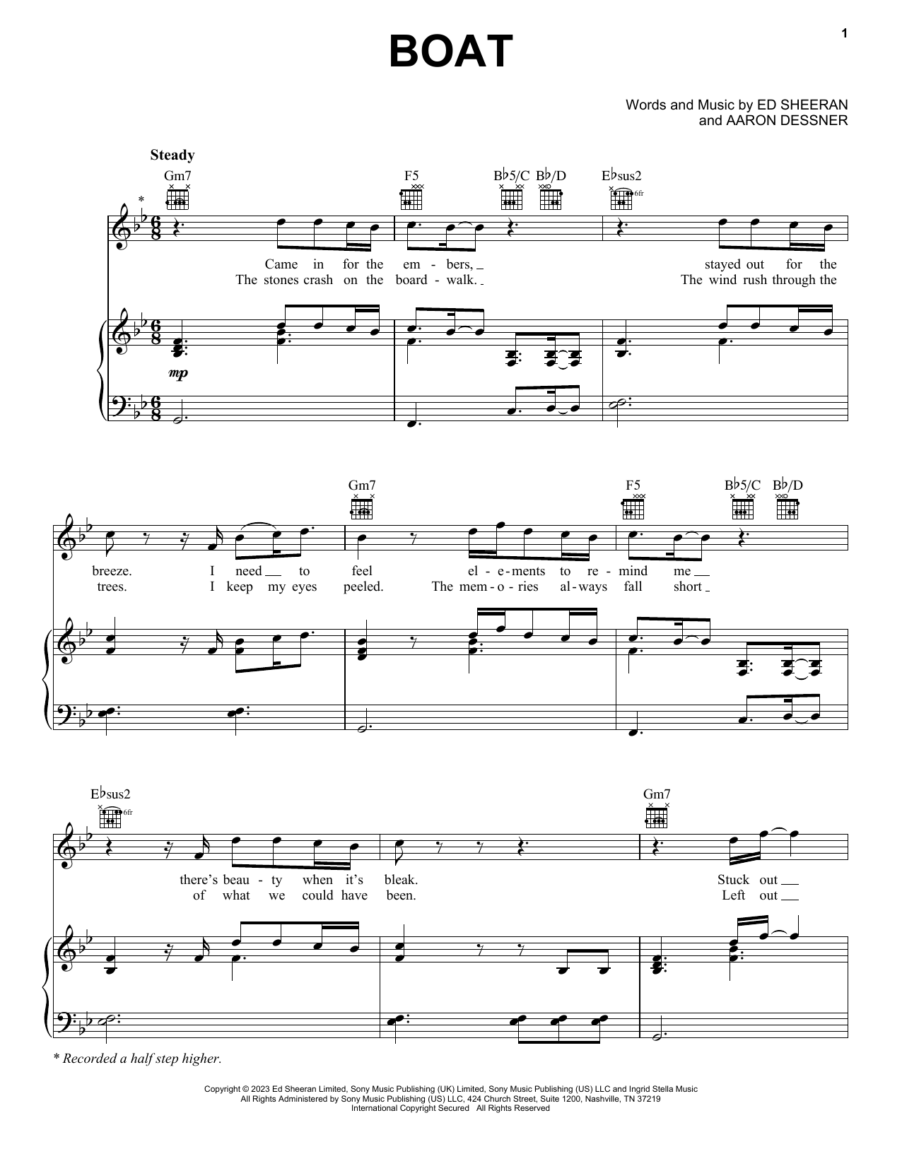 Download Ed Sheeran Boat Sheet Music and learn how to play Piano, Vocal & Guitar Chords (Right-Hand Melody) PDF digital score in minutes