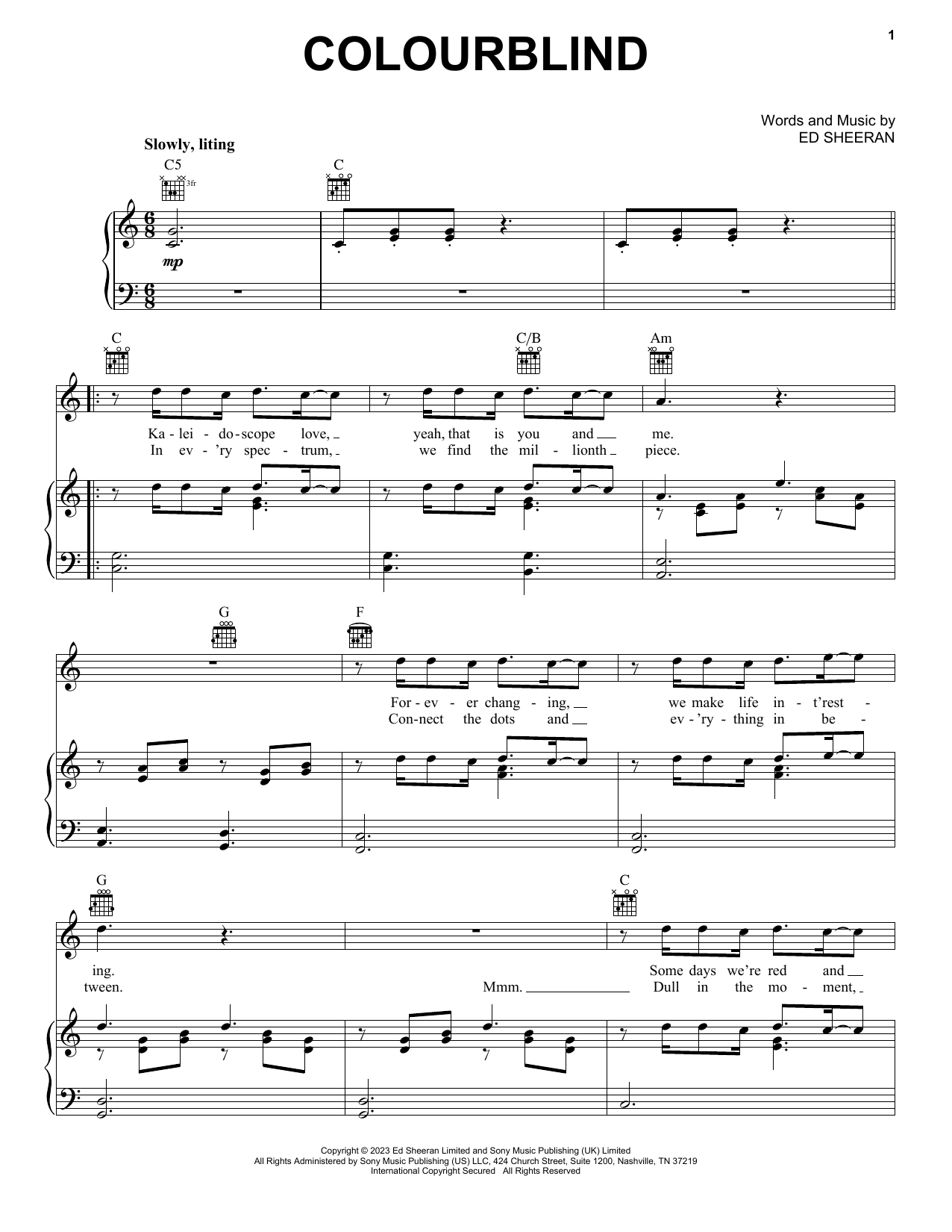 Download Ed Sheeran Colourblind Sheet Music and learn how to play Piano, Vocal & Guitar Chords (Right-Hand Melody) PDF digital score in minutes