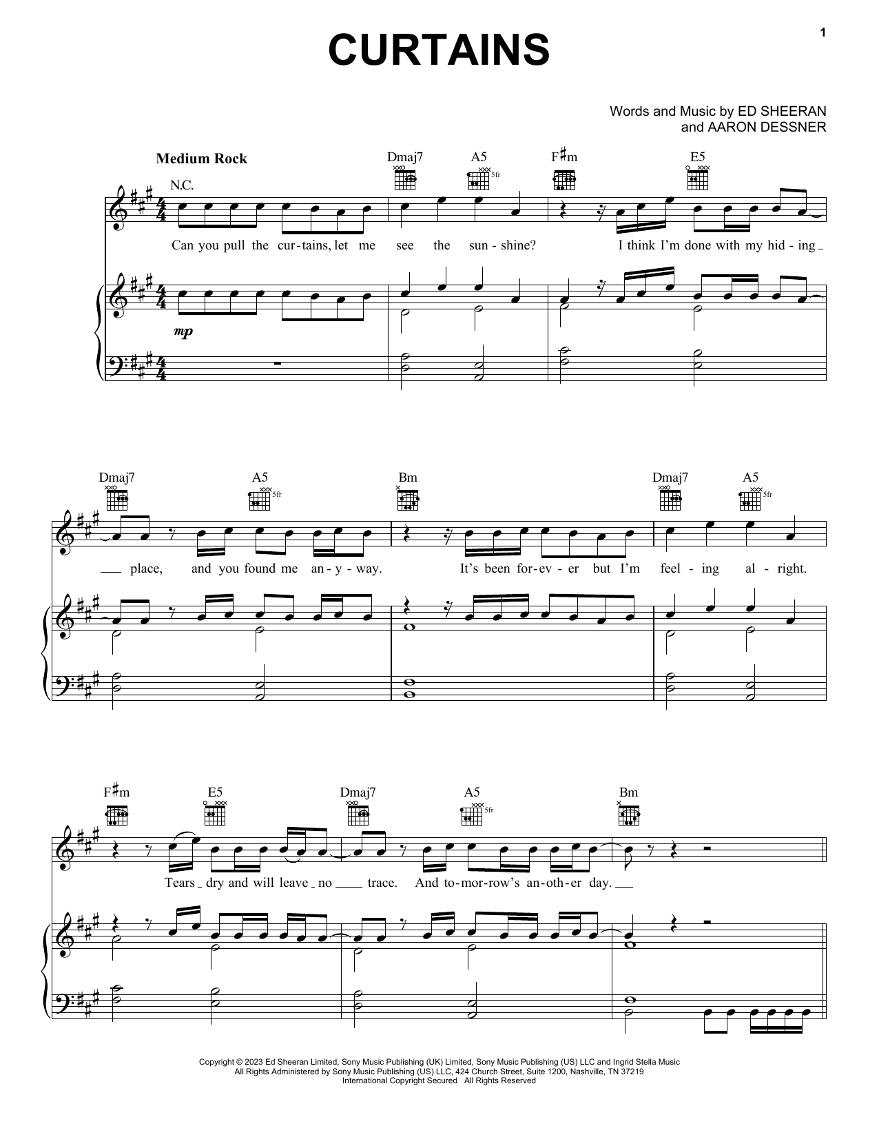 Download Ed Sheeran Curtains Sheet Music and learn how to play Piano, Vocal & Guitar Chords (Right-Hand Melody) PDF digital score in minutes