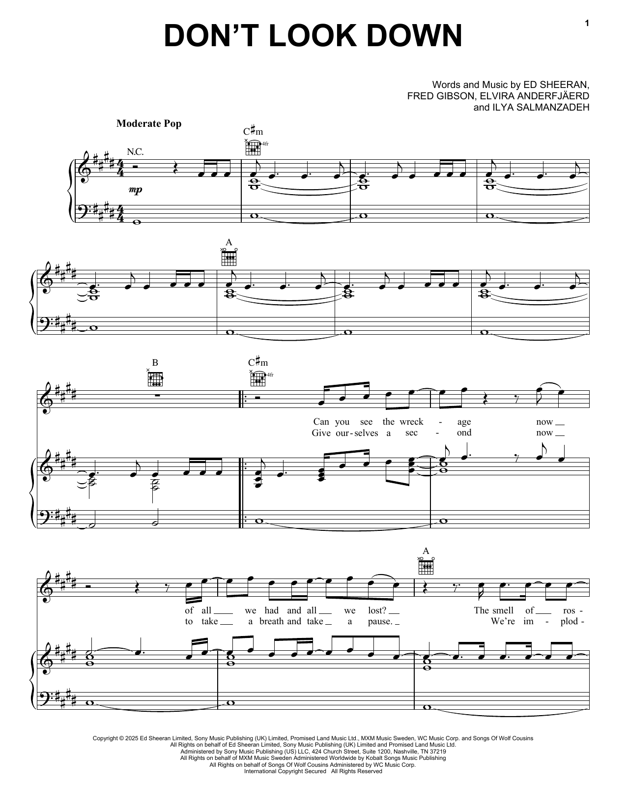 Download Ed Sheeran Don't Look Down Sheet Music and learn how to play Piano, Vocal & Guitar Chords (Right-Hand Melody) PDF digital score in minutes