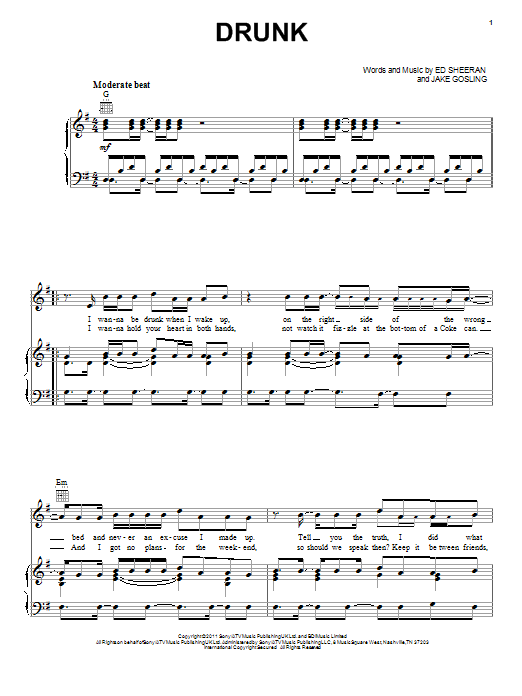 Download Ed Sheeran Drunk Sheet Music and learn how to play Really Easy Piano PDF digital score in minutes