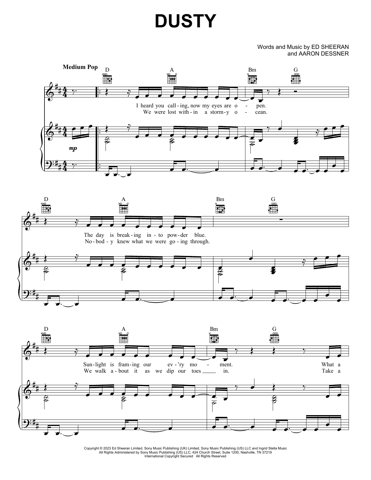 Download Ed Sheeran Dusty Sheet Music and learn how to play Piano, Vocal & Guitar Chords (Right-Hand Melody) PDF digital score in minutes
