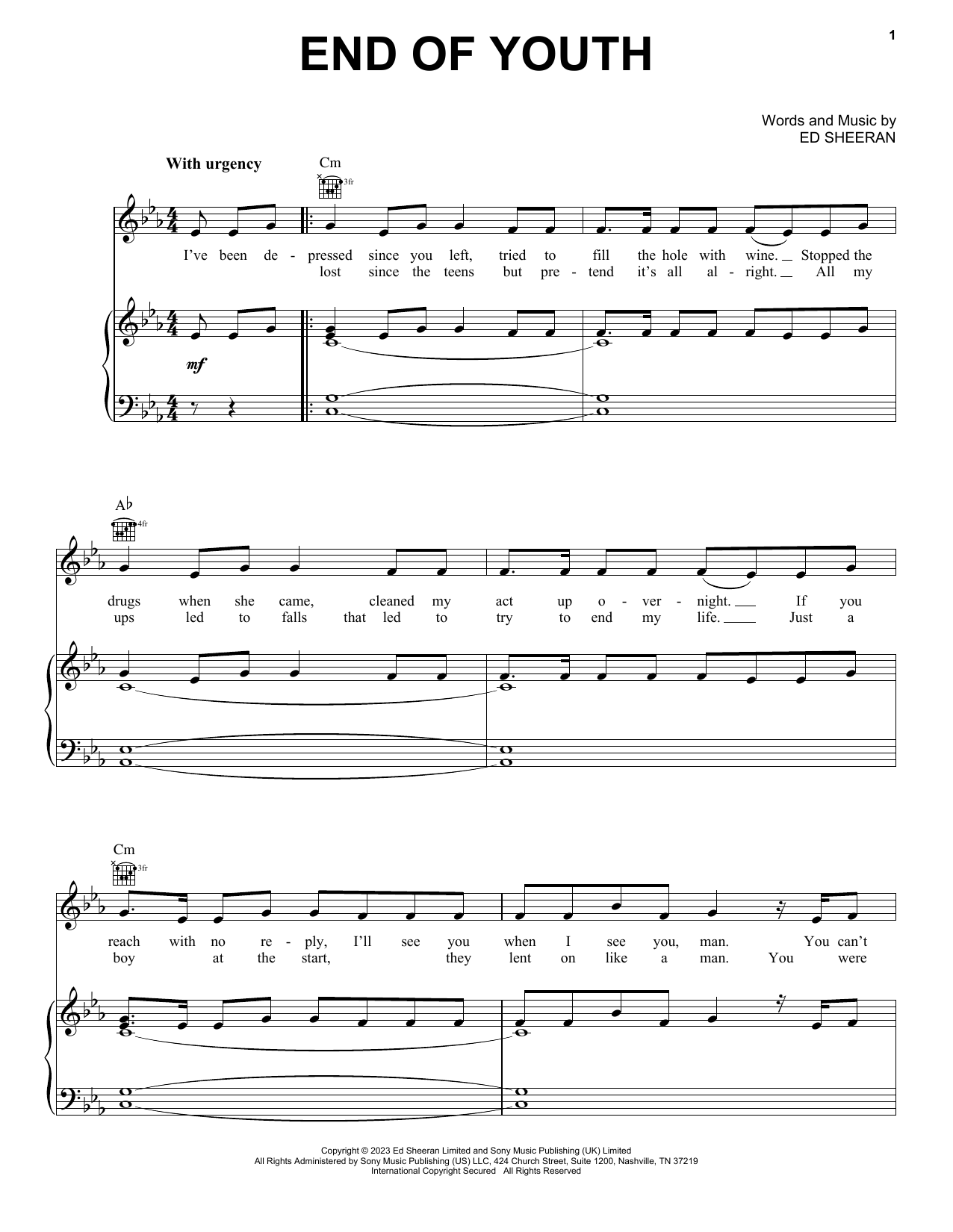 Download Ed Sheeran End Of Youth Sheet Music and learn how to play Piano, Vocal & Guitar Chords (Right-Hand Melody) PDF digital score in minutes