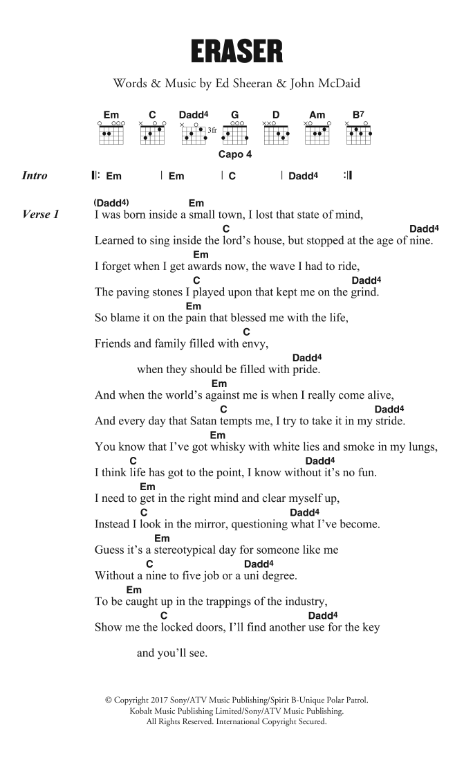 Download Ed Sheeran Eraser Sheet Music and learn how to play Lyrics & Chords PDF digital score in minutes