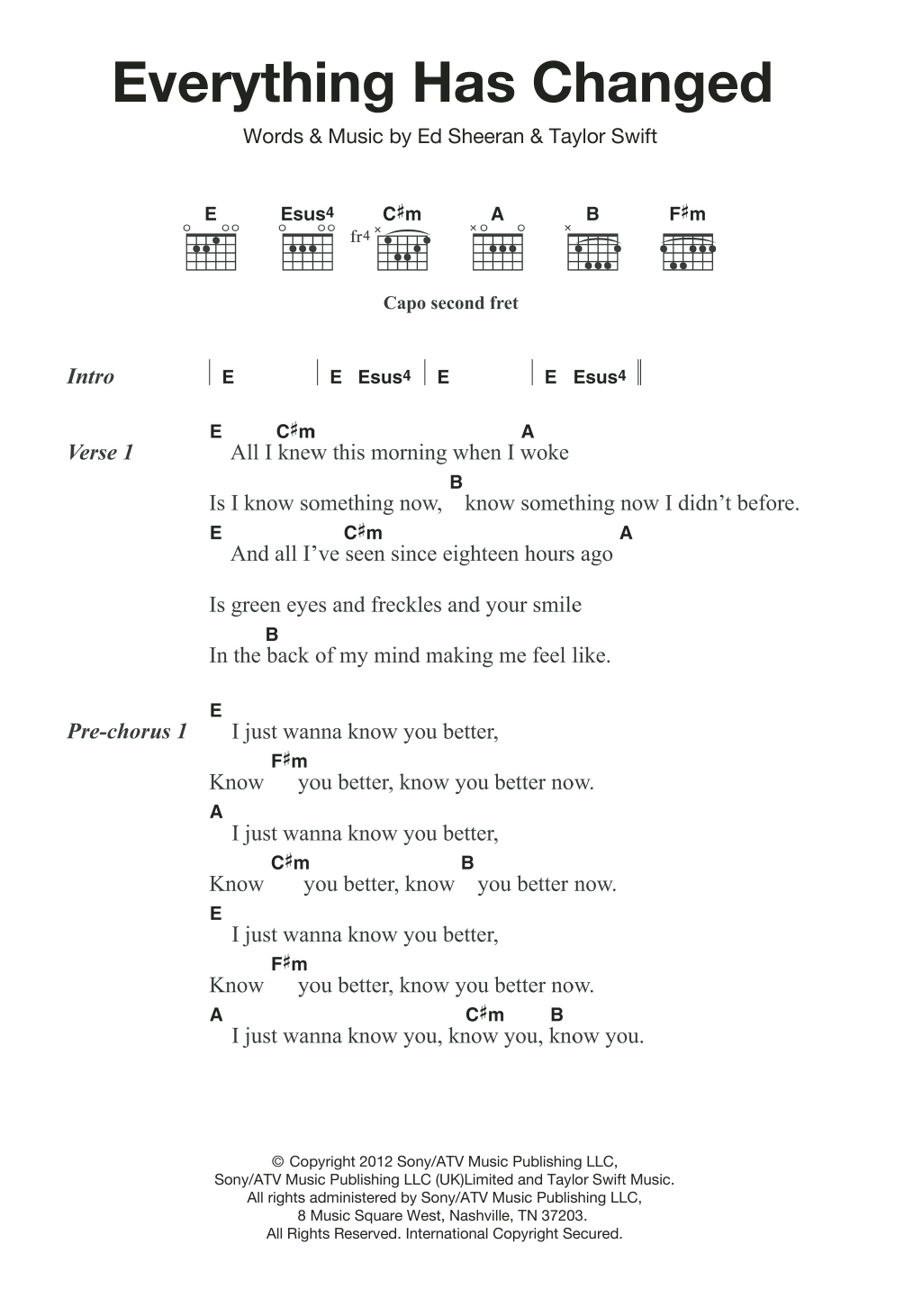 Download Ed Sheeran Everything Has Changed Sheet Music and learn how to play Lyrics & Chords PDF digital score in minutes