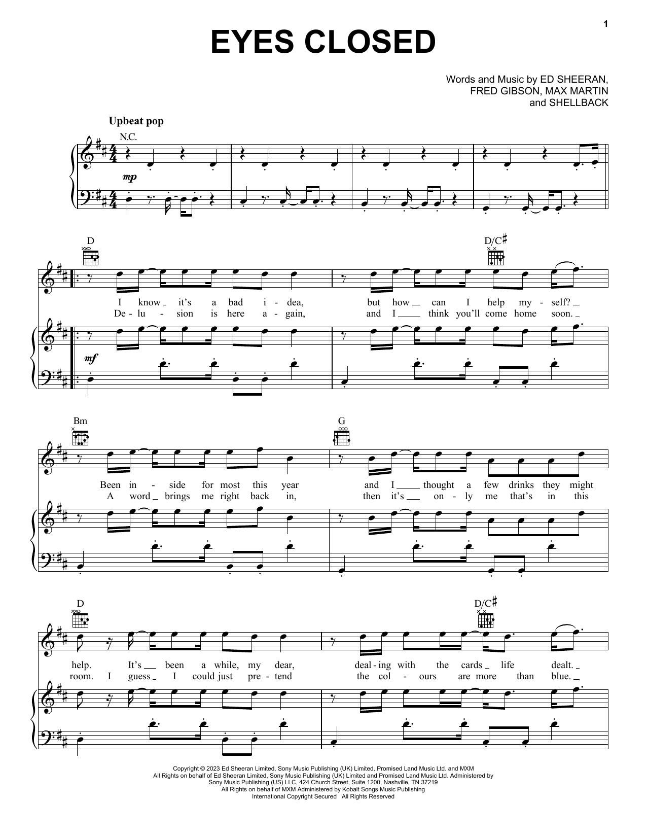 Download Ed Sheeran Eyes Closed Sheet Music and learn how to play Very Easy Piano PDF digital score in minutes