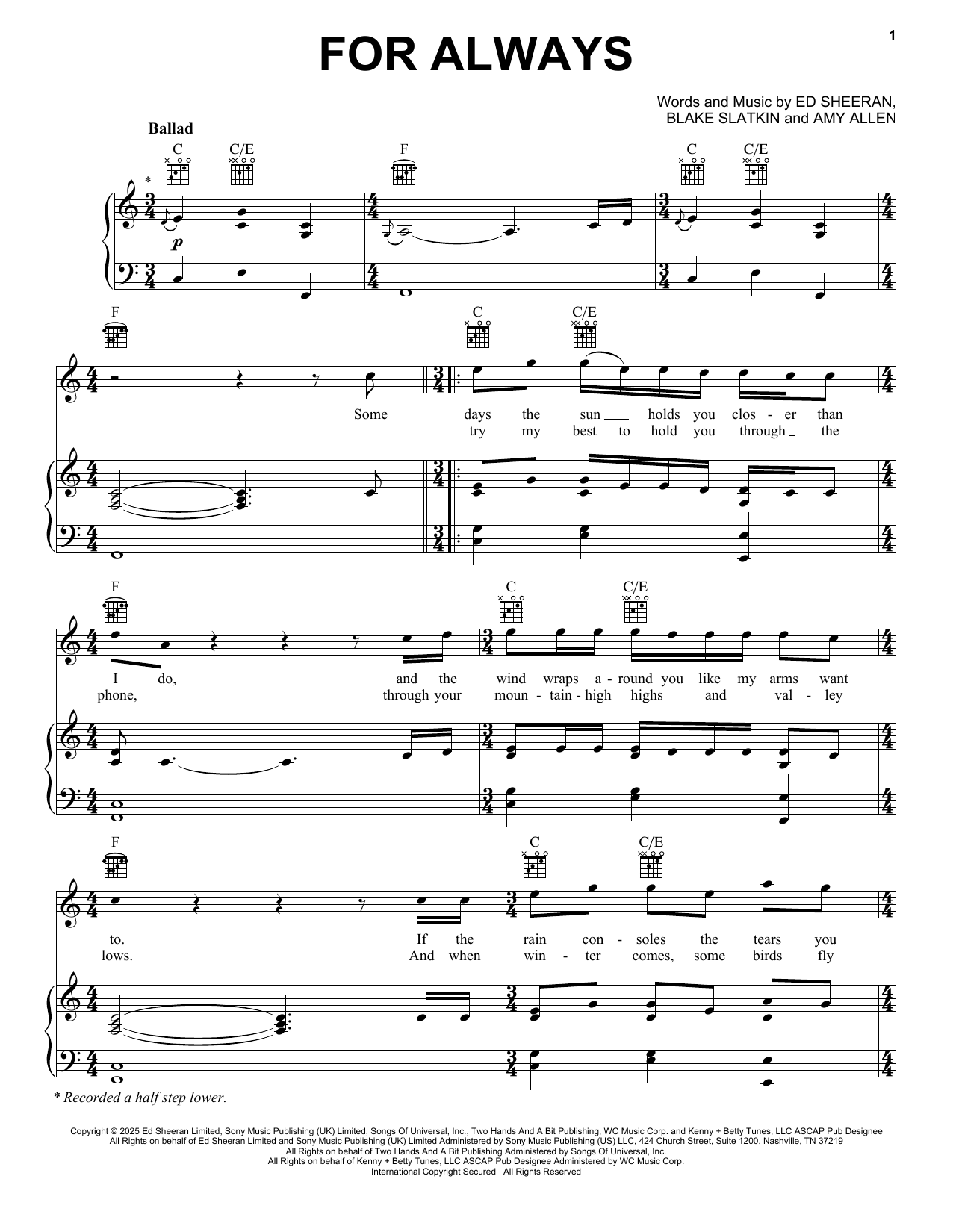 Download Ed Sheeran For Always Sheet Music and learn how to play Piano, Vocal & Guitar Chords (Right-Hand Melody) PDF digital score in minutes