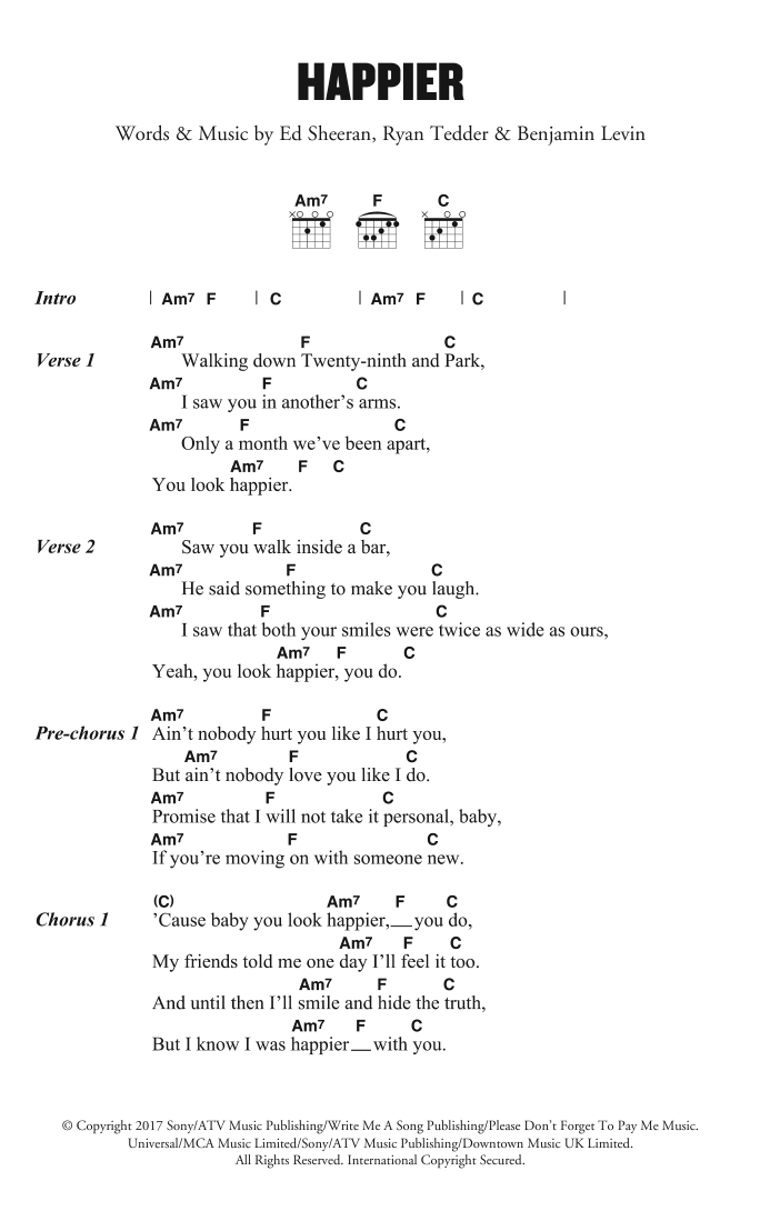 Download Ed Sheeran Happier Sheet Music and learn how to play Lyrics & Chords PDF digital score in minutes