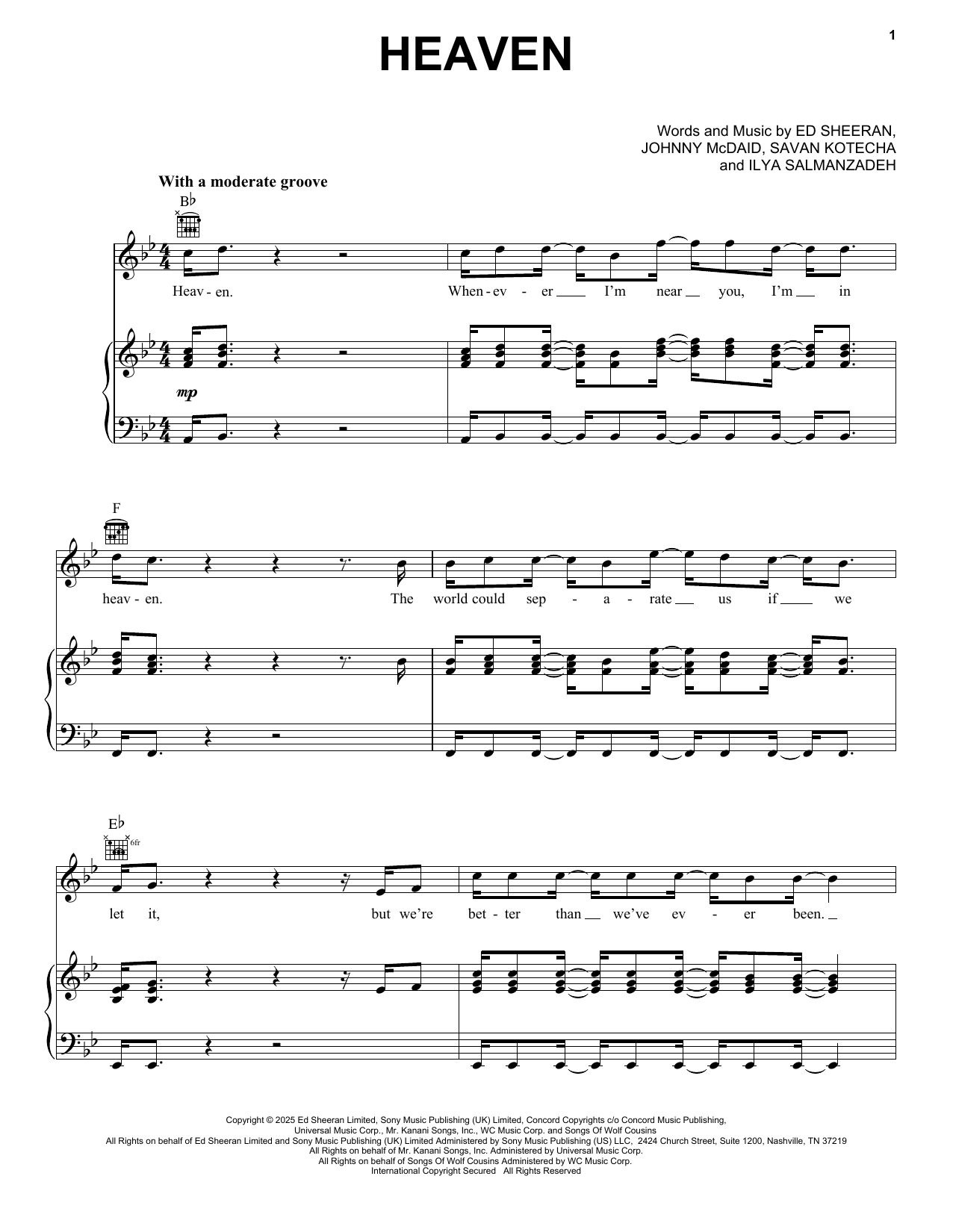 Download Ed Sheeran Heaven Sheet Music and learn how to play Piano, Vocal & Guitar Chords (Right-Hand Melody) PDF digital score in minutes