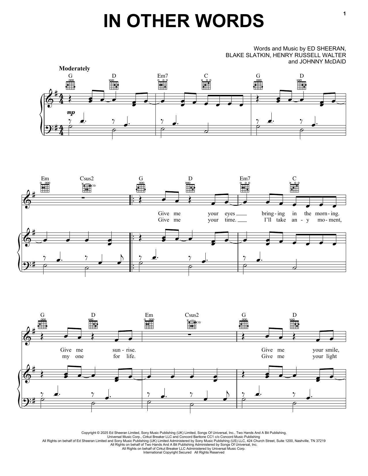 Download Ed Sheeran In Other Words Sheet Music and learn how to play Piano, Vocal & Guitar Chords (Right-Hand Melody) PDF digital score in minutes