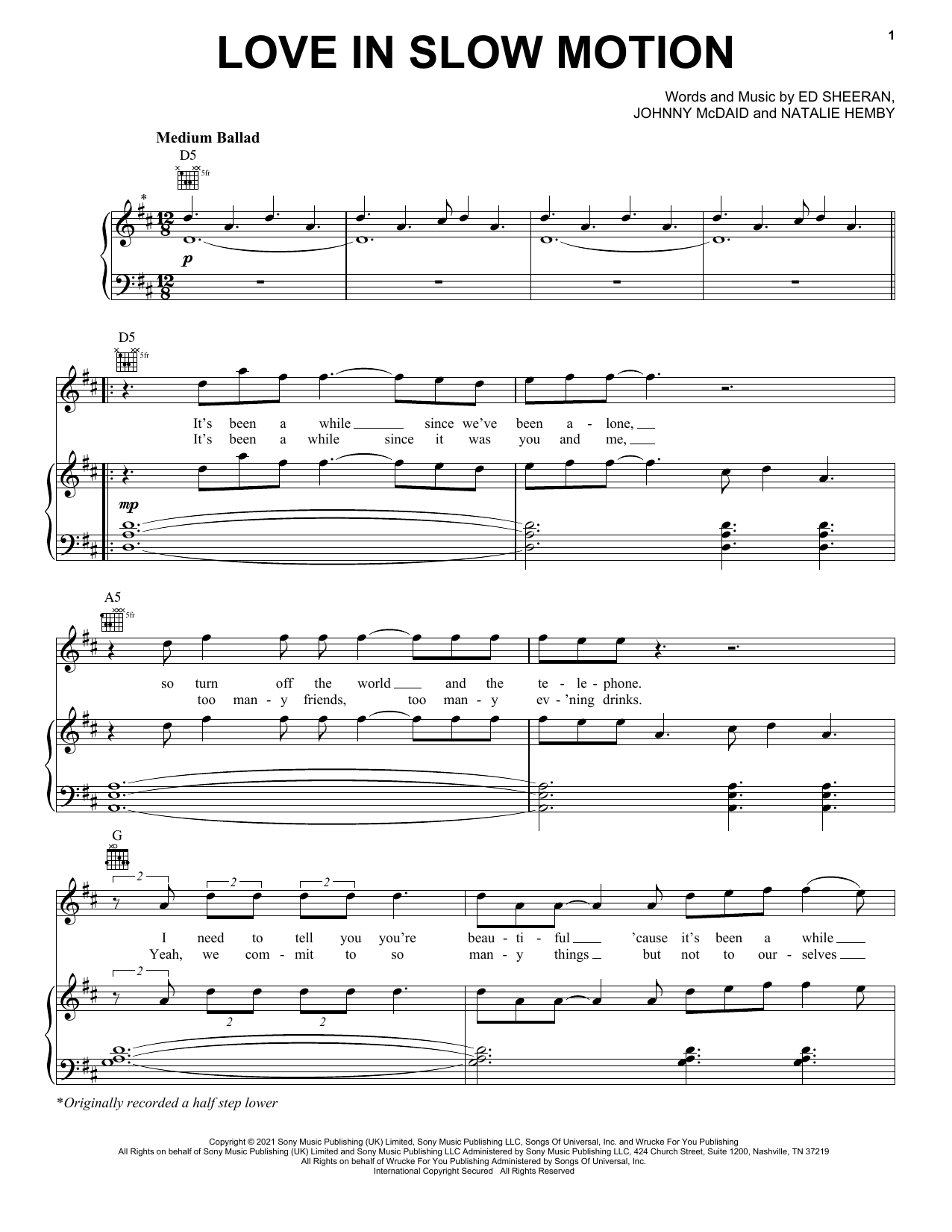 Download Ed Sheeran Love In Slow Motion Sheet Music and learn how to play Piano, Vocal & Guitar Chords (Right-Hand Melody) PDF digital score in minutes