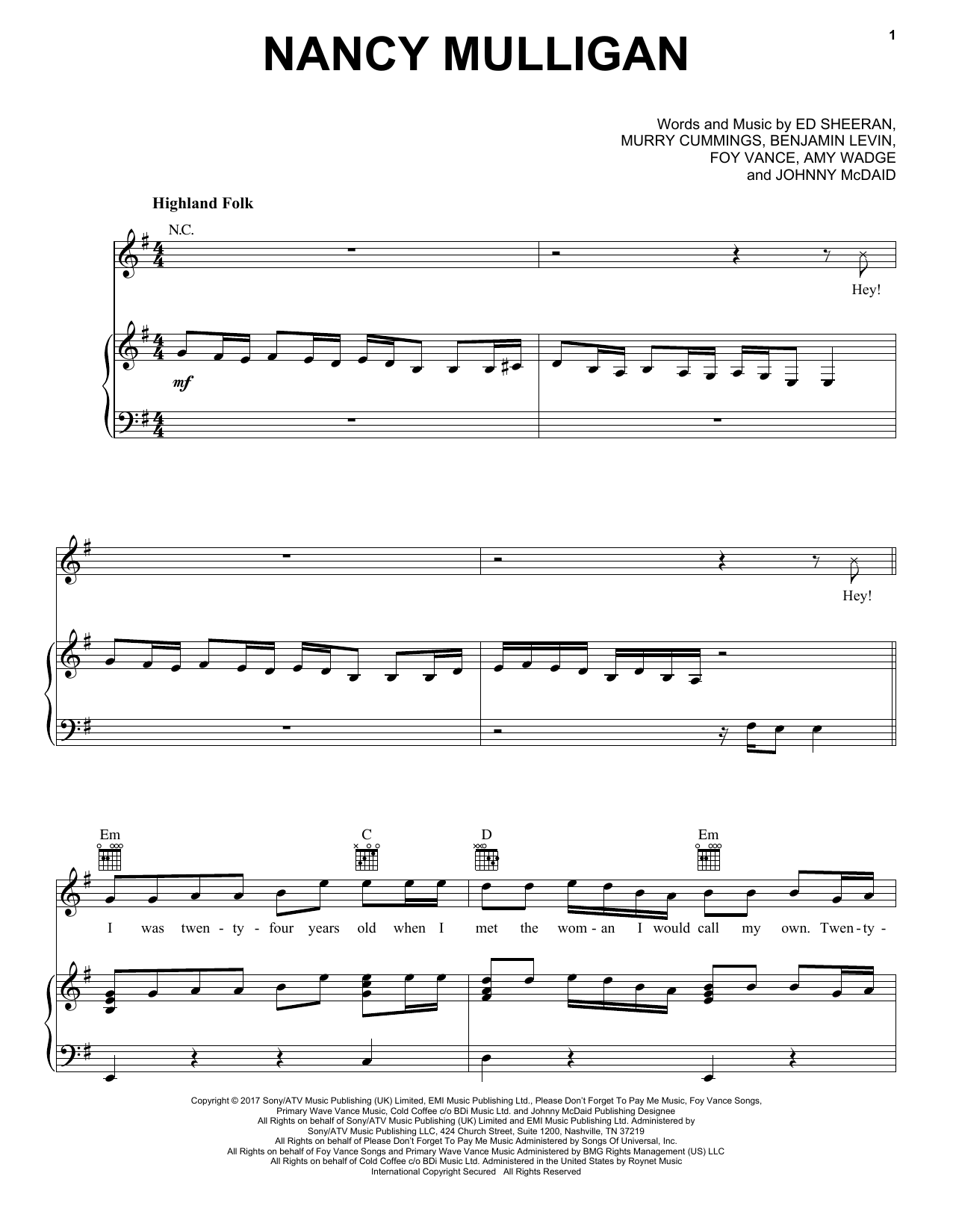 Download Ed Sheeran Nancy Mulligan Sheet Music and learn how to play Really Easy Piano PDF digital score in minutes