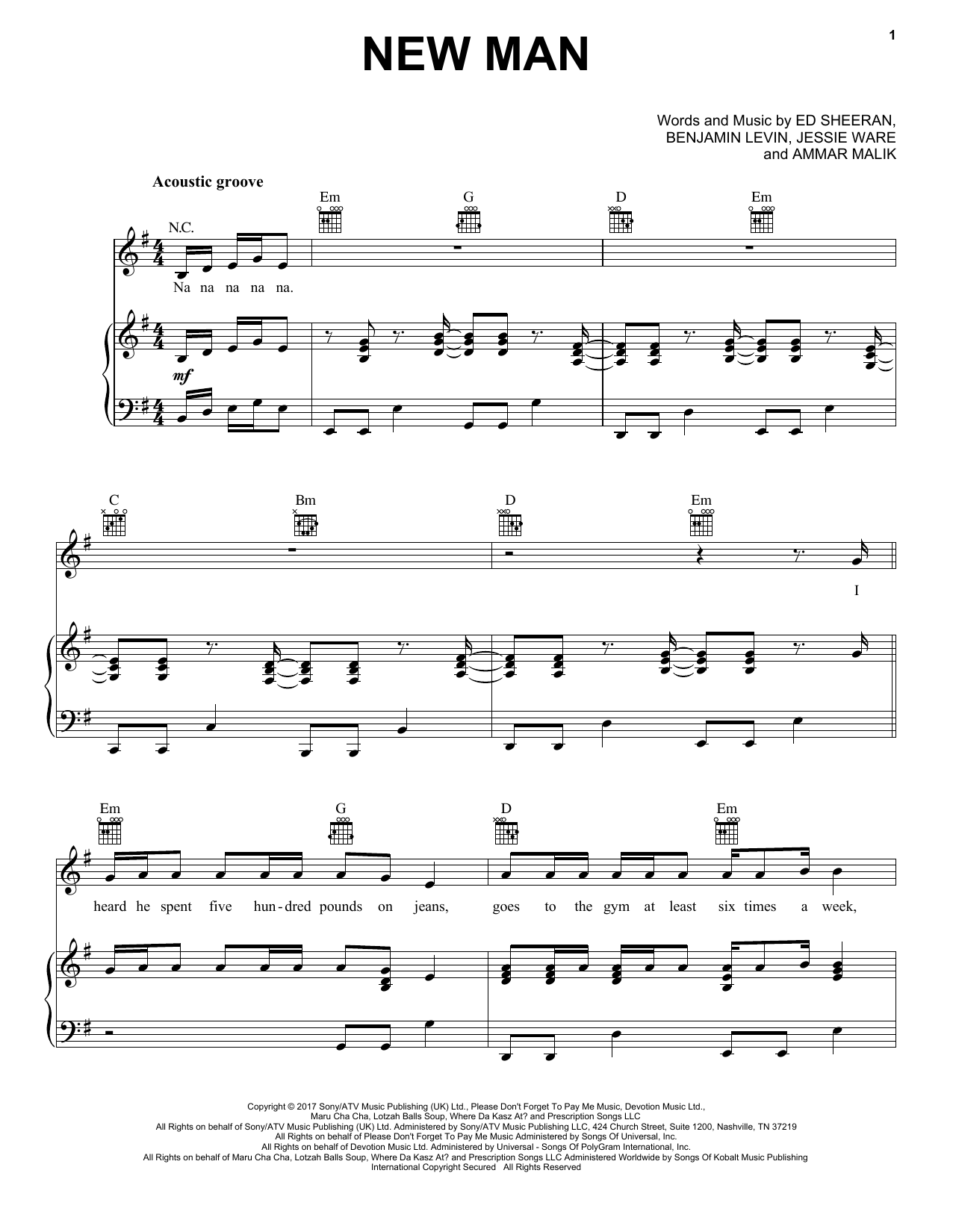 Download Ed Sheeran New Man Sheet Music and learn how to play Piano, Vocal & Guitar (Right-Hand Melody) PDF digital score in minutes