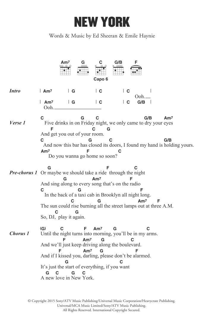 Download Ed Sheeran New York Sheet Music and learn how to play Lyrics & Chords PDF digital score in minutes