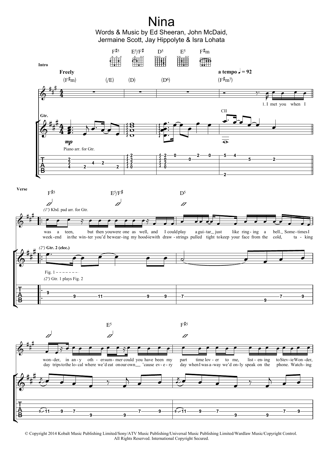Download Ed Sheeran Nina Sheet Music and learn how to play Piano, Vocal & Guitar (Right-Hand Melody) PDF digital score in minutes