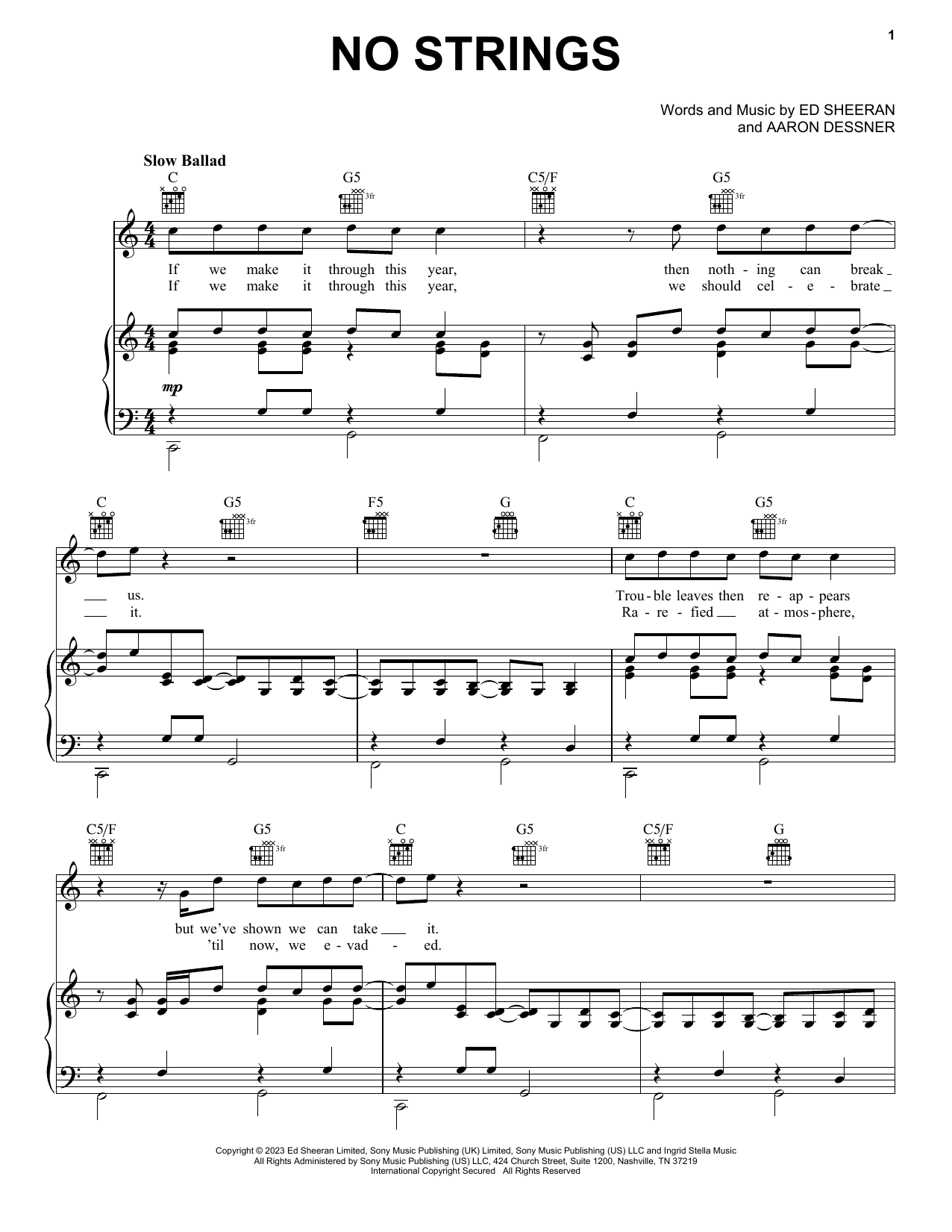 Download Ed Sheeran No Strings Sheet Music and learn how to play Piano, Vocal & Guitar Chords (Right-Hand Melody) PDF digital score in minutes