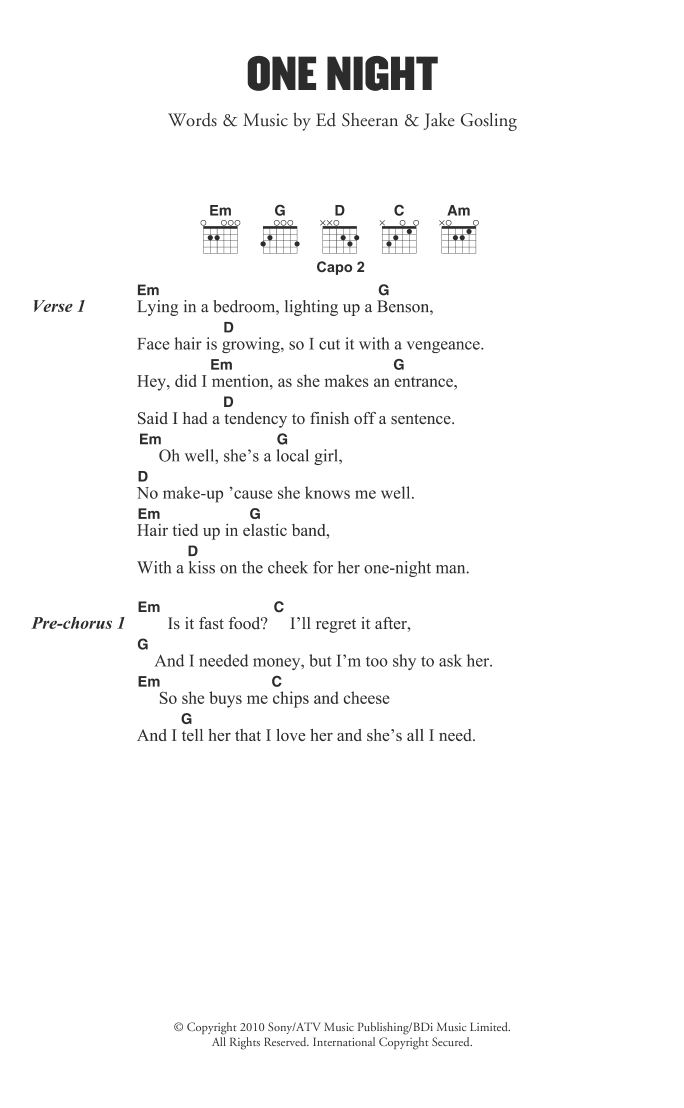 Download Ed Sheeran One Night Sheet Music and learn how to play Lyrics & Chords PDF digital score in minutes