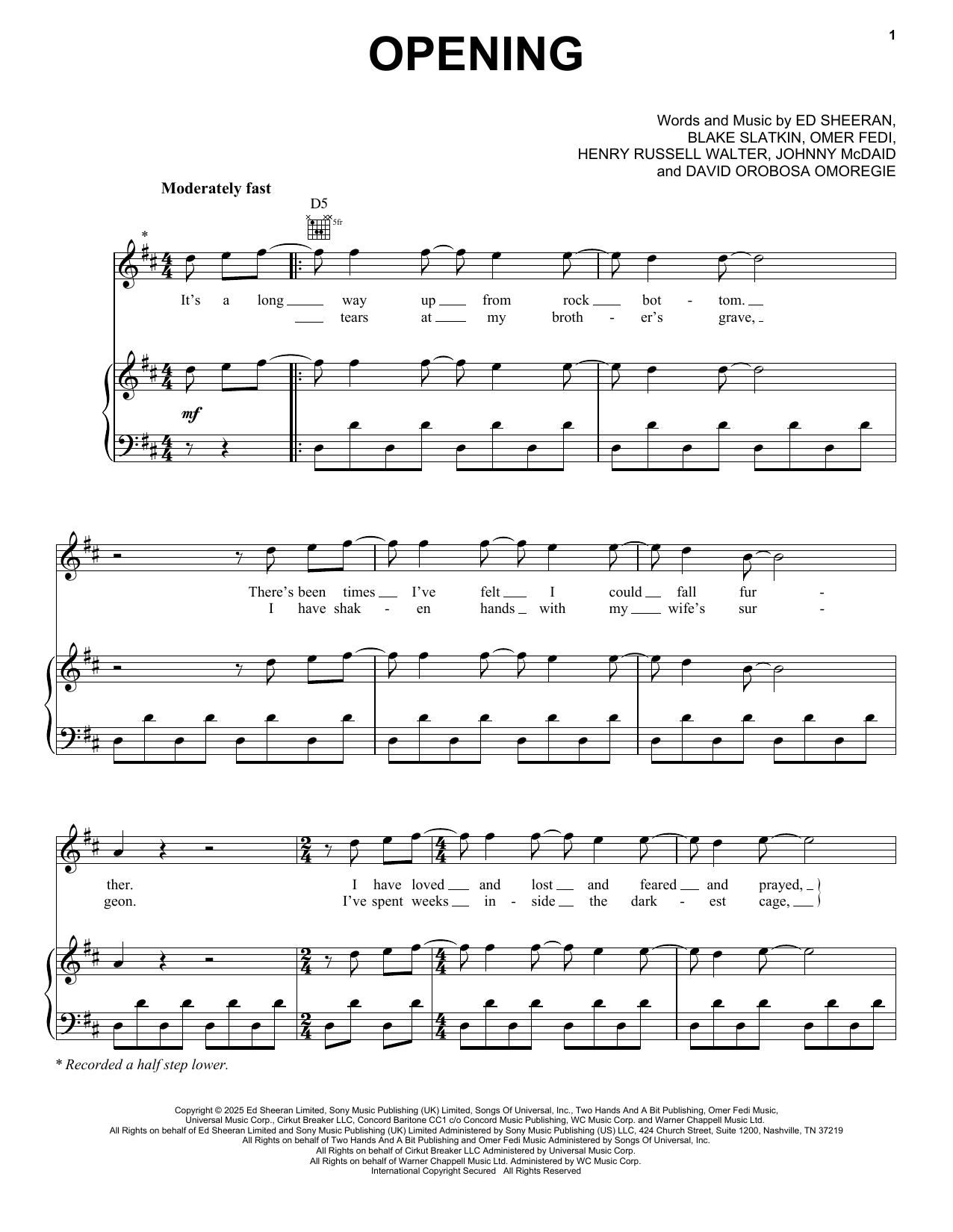 Download Ed Sheeran Opening Sheet Music and learn how to play Piano, Vocal & Guitar Chords (Right-Hand Melody) PDF digital score in minutes