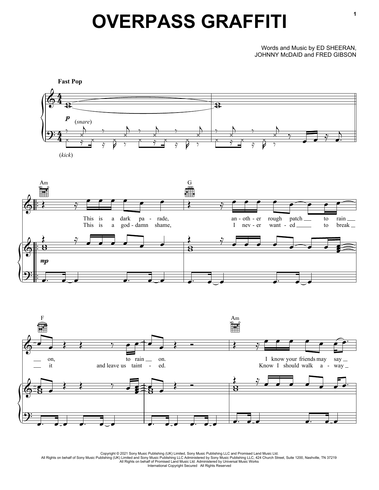 Download Ed Sheeran Overpass Graffiti Sheet Music and learn how to play Easy Piano PDF digital score in minutes