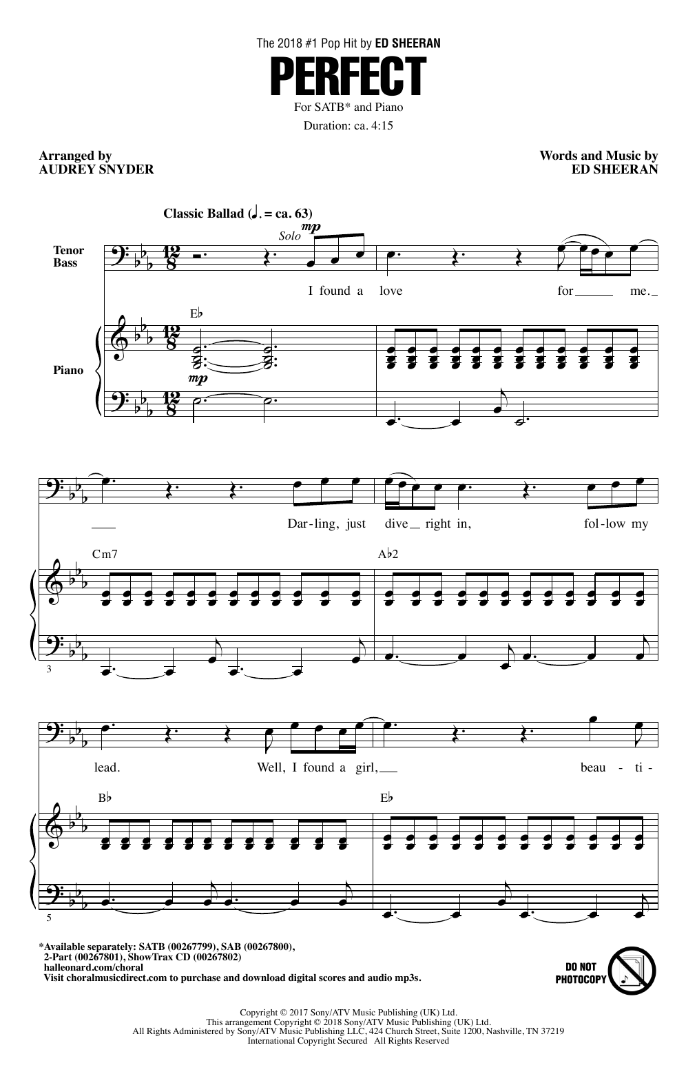 Download Ed Sheeran Perfect (arr. Audrey Snyder) Sheet Music and learn how to play SATB PDF digital score in minutes