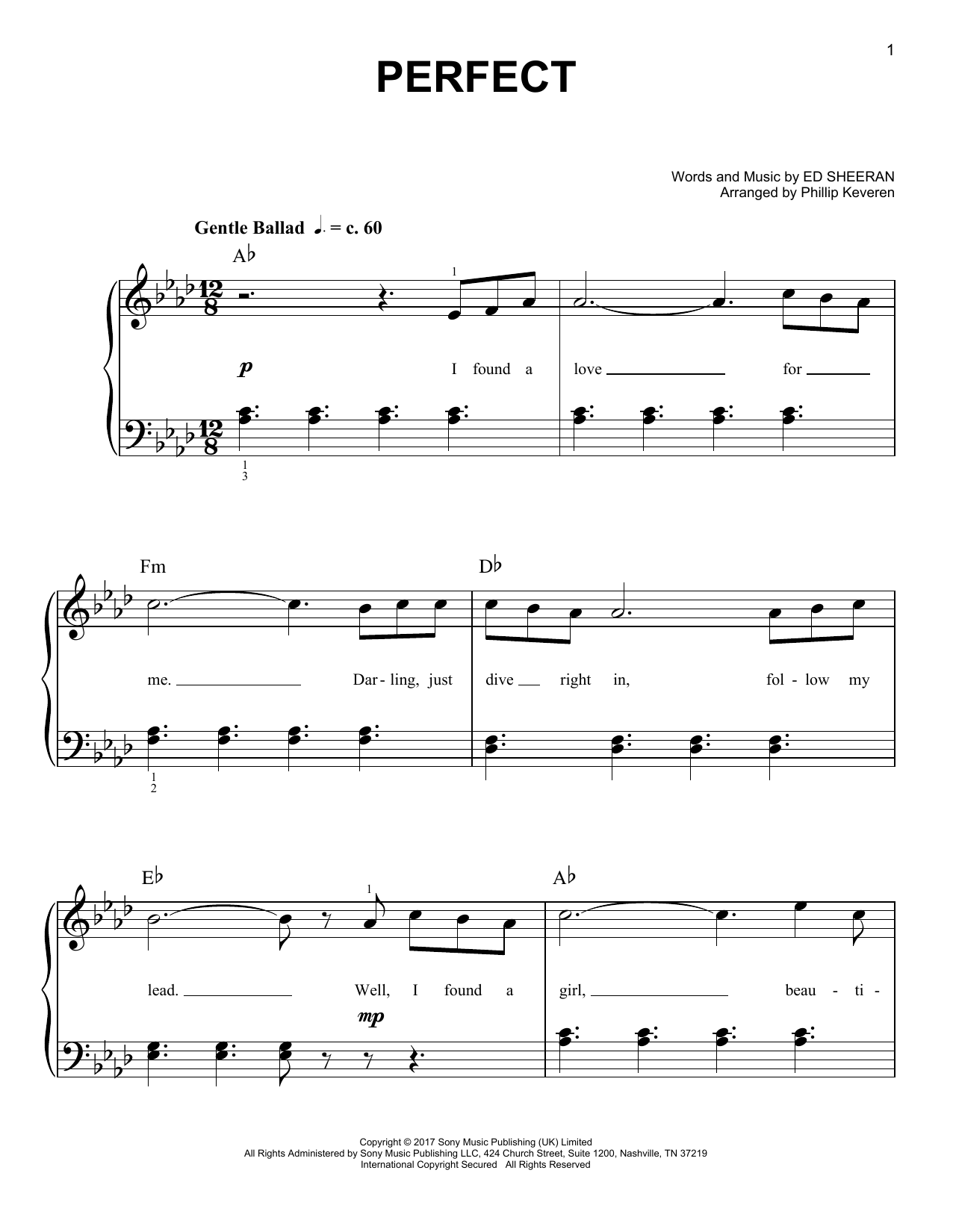 Download Ed Sheeran Perfect (arr. Phillip Keveren) Sheet Music and learn how to play Easy Piano PDF digital score in minutes