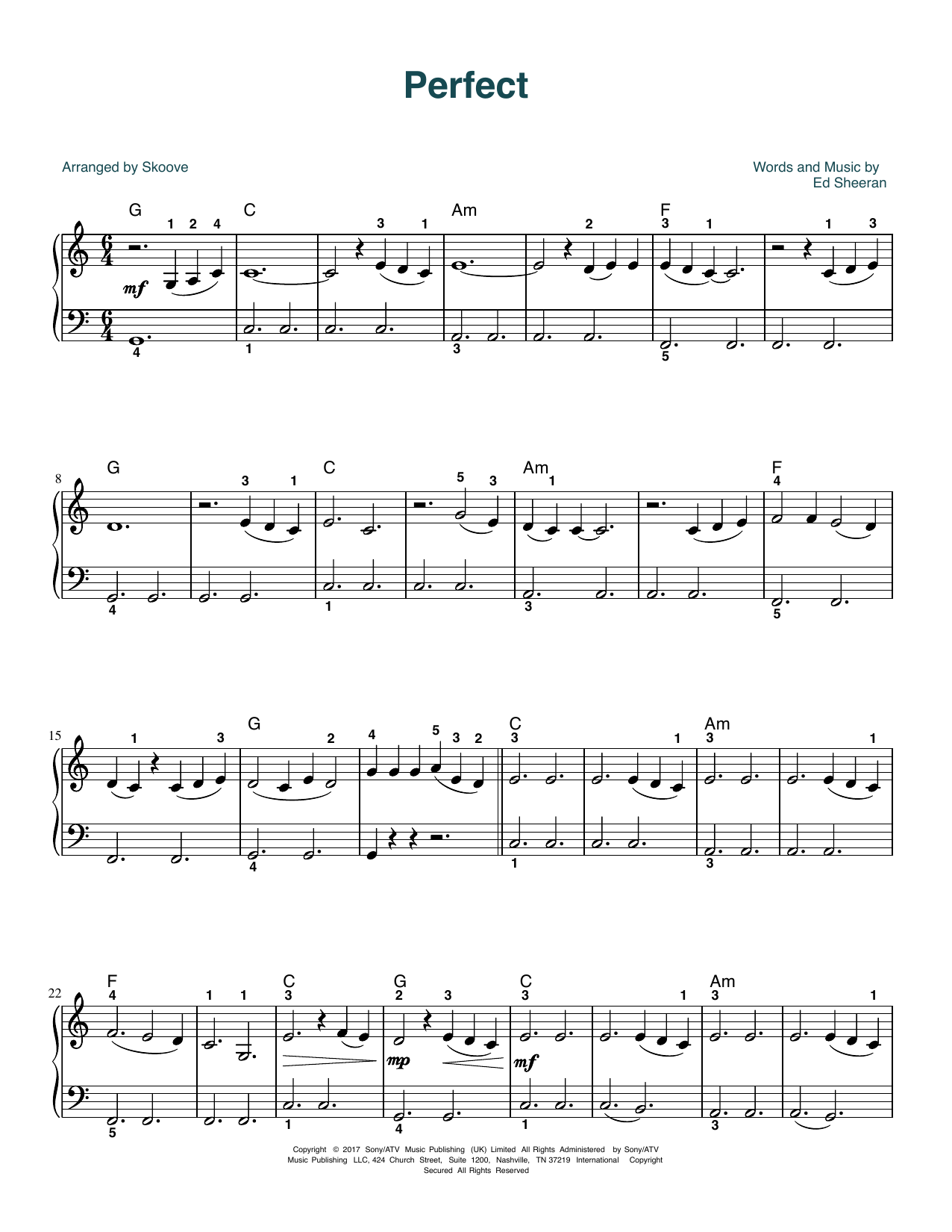 Download Ed Sheeran Perfect (arr. Skoove) Sheet Music and learn how to play Beginner Piano (Abridged) PDF digital score in minutes