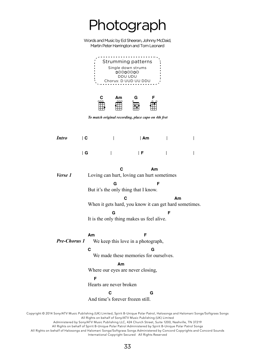 Download Ed Sheeran Photograph (arr. Elise Ecklund) Sheet Music and learn how to play Ukulele Chords/Lyrics PDF digital score in minutes