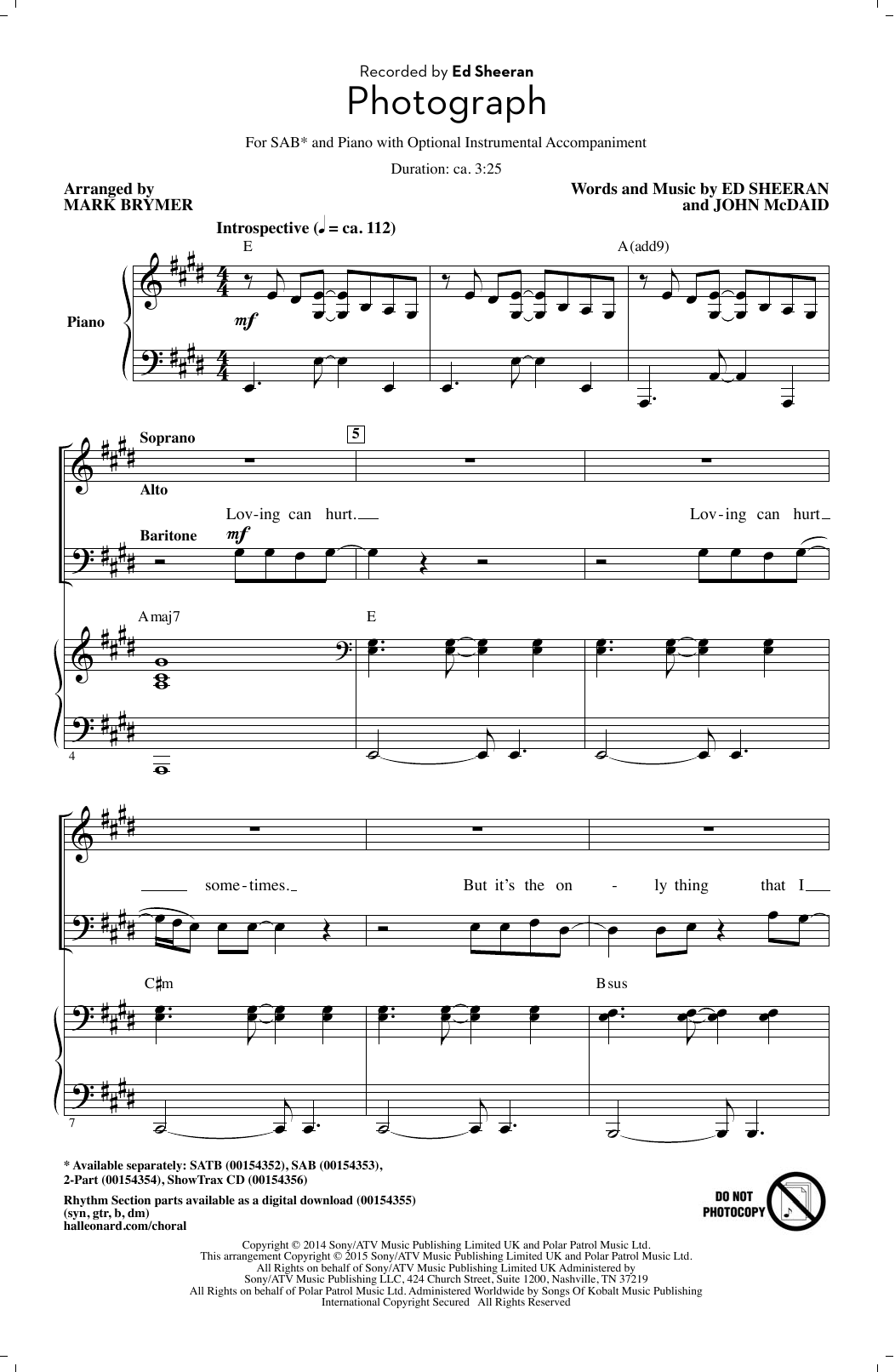 Download Ed Sheeran Photograph (arr. Mark Brymer) Sheet Music and learn how to play SAB PDF digital score in minutes