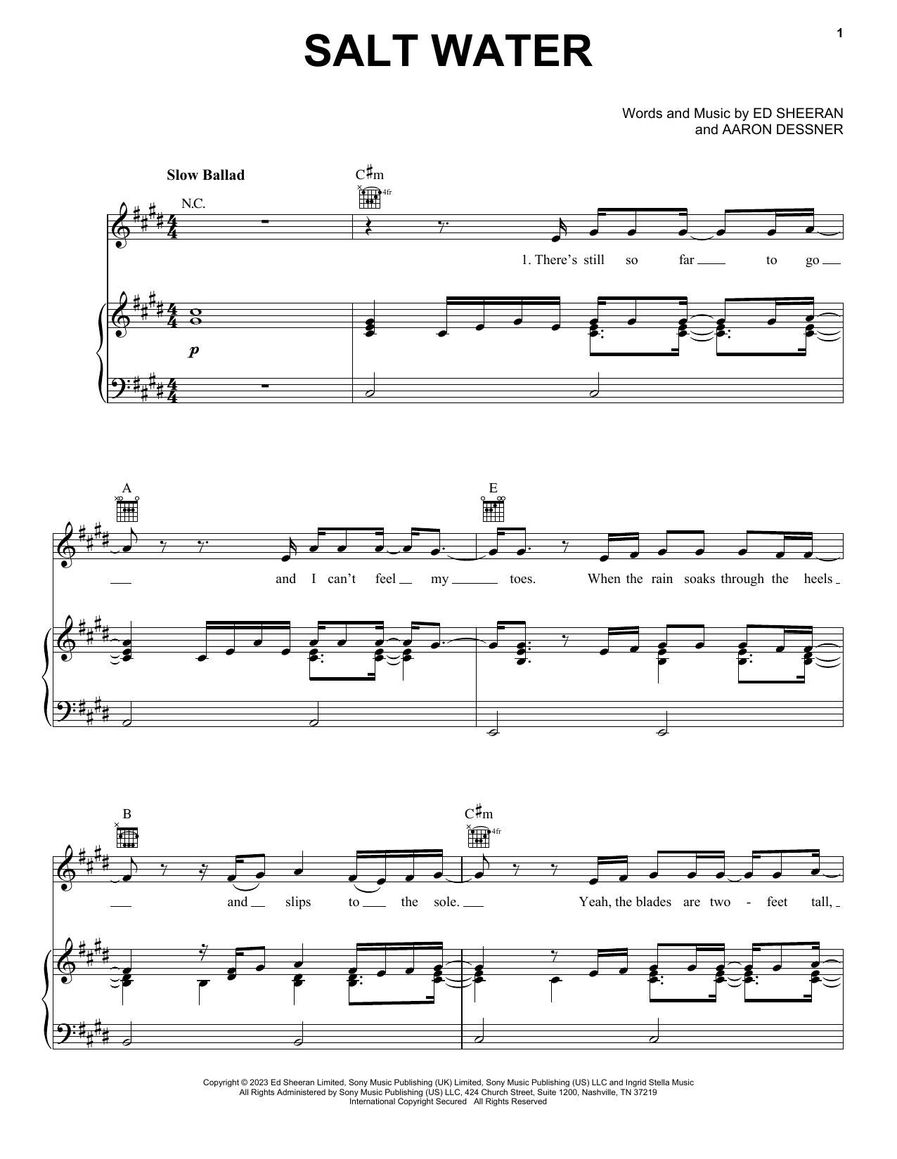 Download Ed Sheeran Salt Water Sheet Music and learn how to play Piano, Vocal & Guitar Chords (Right-Hand Melody) PDF digital score in minutes