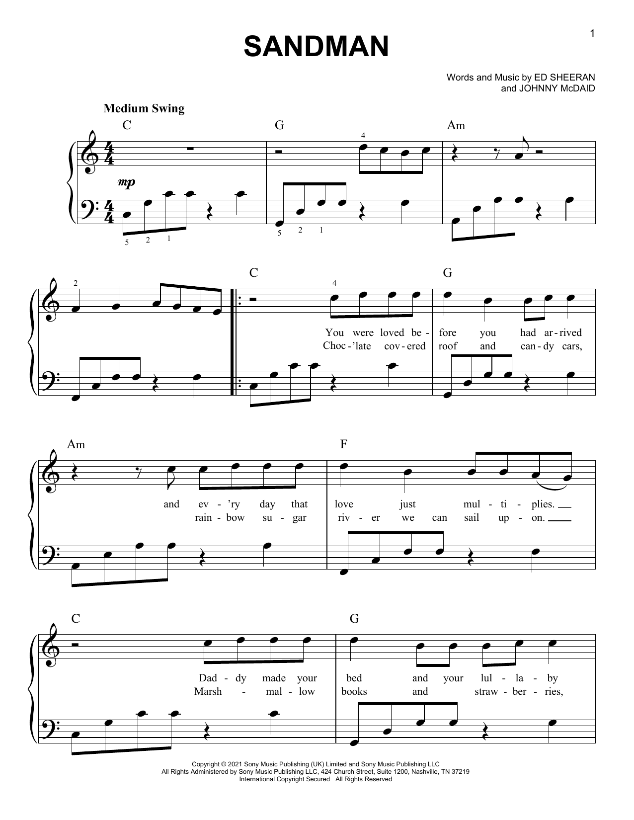Download Ed Sheeran Sandman Sheet Music and learn how to play Easy Piano PDF digital score in minutes