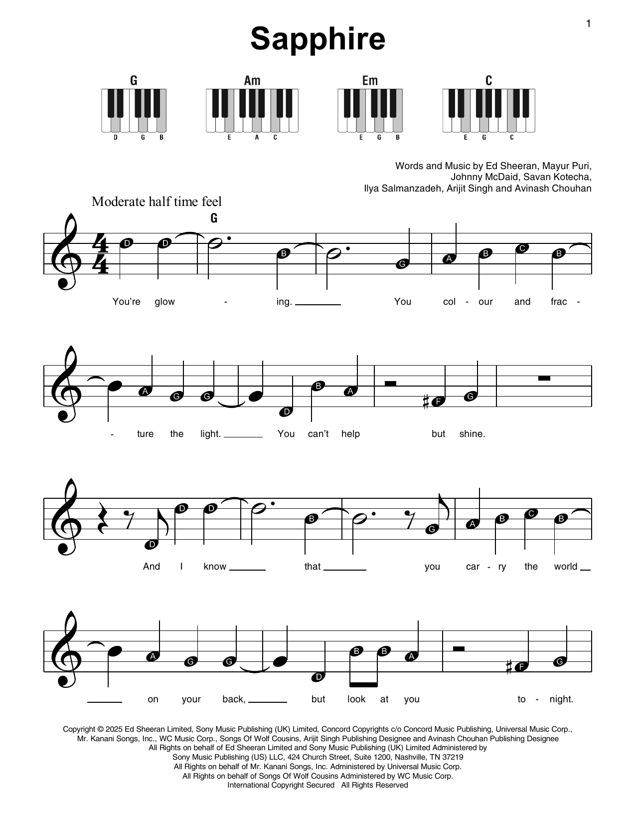 Download Ed Sheeran Sapphire Sheet Music and learn how to play Super Easy Piano PDF digital score in minutes