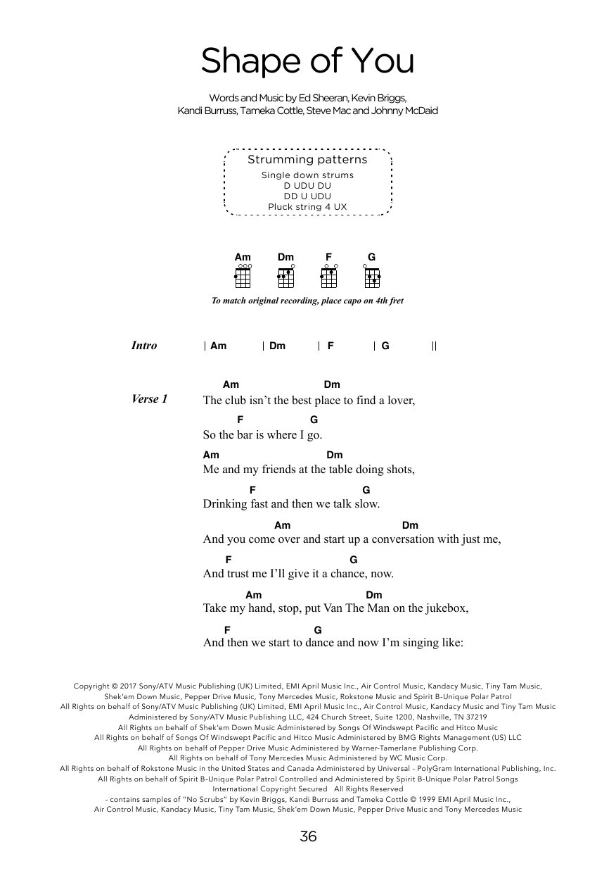 Download Ed Sheeran Shape Of You (arr. Elise Ecklund) Sheet Music and learn how to play Ukulele Chords/Lyrics PDF digital score in minutes