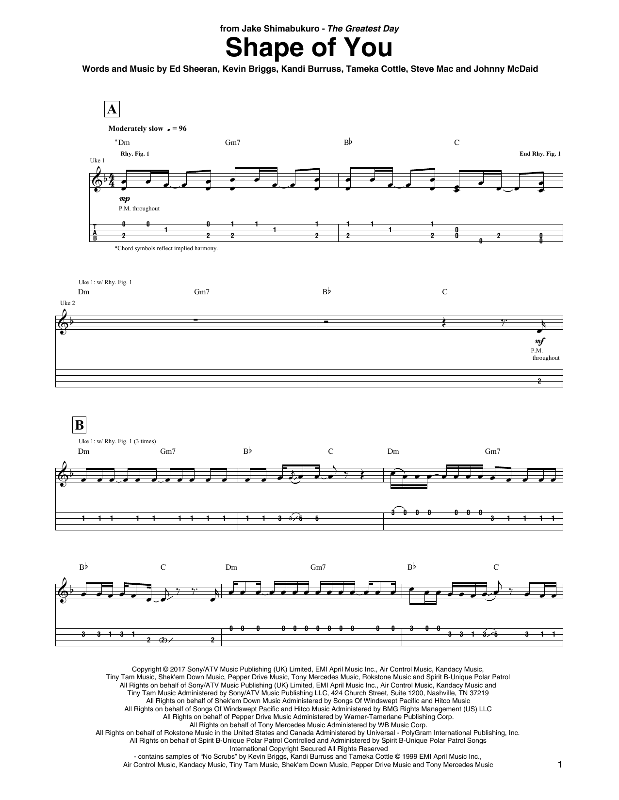 Download Ed Sheeran Shape Of You (arr. Jake Shimabukuro) Sheet Music and learn how to play Ukulele Tab PDF digital score in minutes