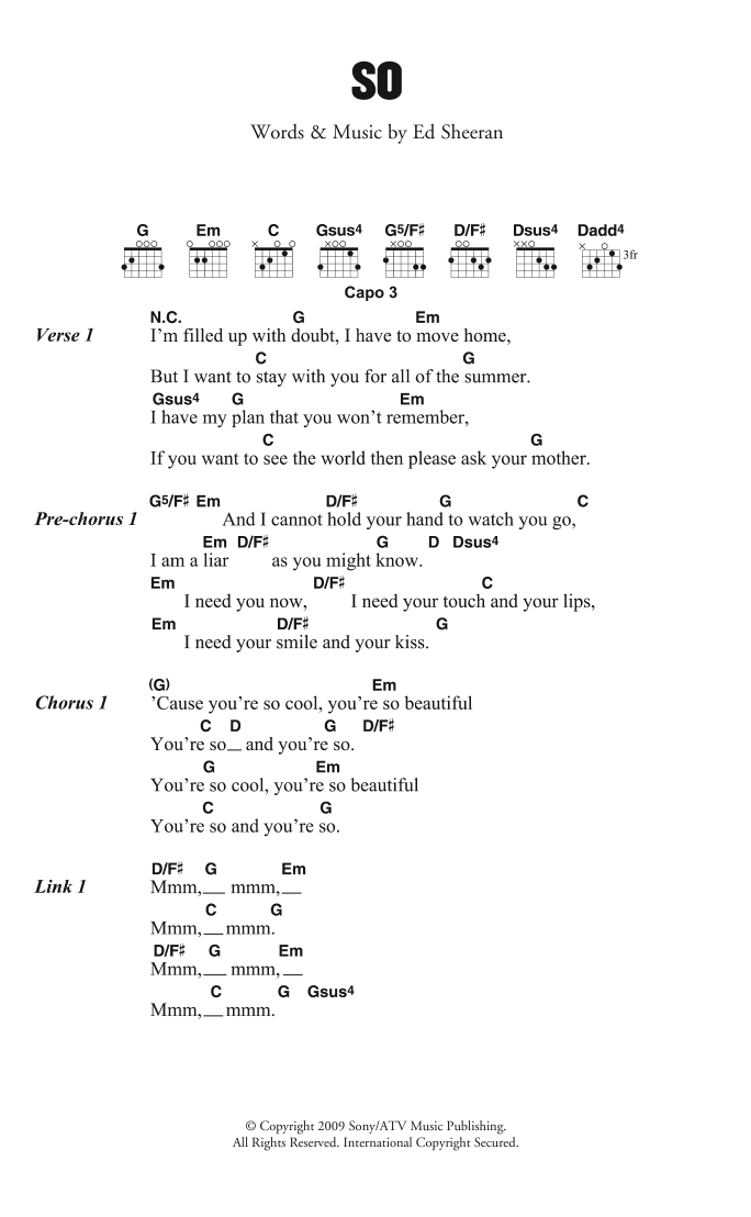 Download Ed Sheeran So Sheet Music and learn how to play Lyrics & Chords PDF digital score in minutes