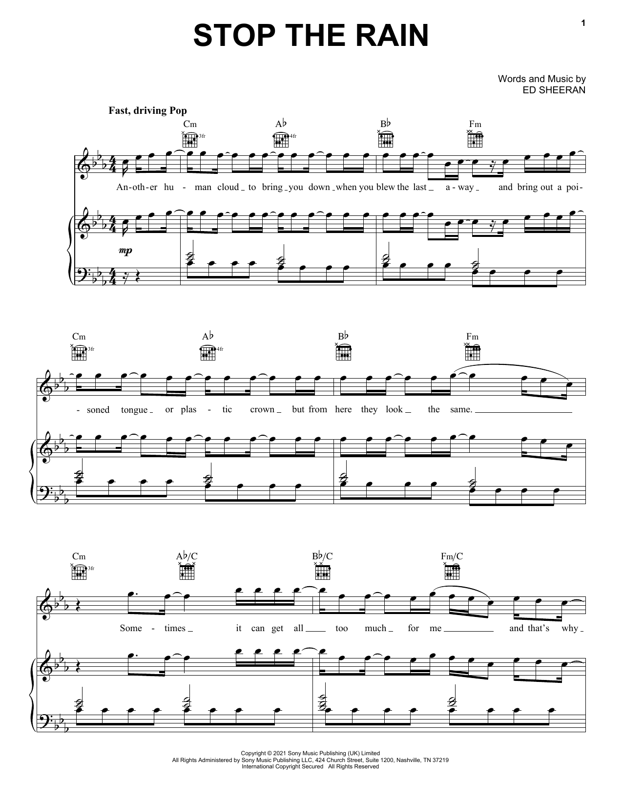 Download Ed Sheeran Stop The Rain Sheet Music and learn how to play Piano, Vocal & Guitar Chords (Right-Hand Melody) PDF digital score in minutes