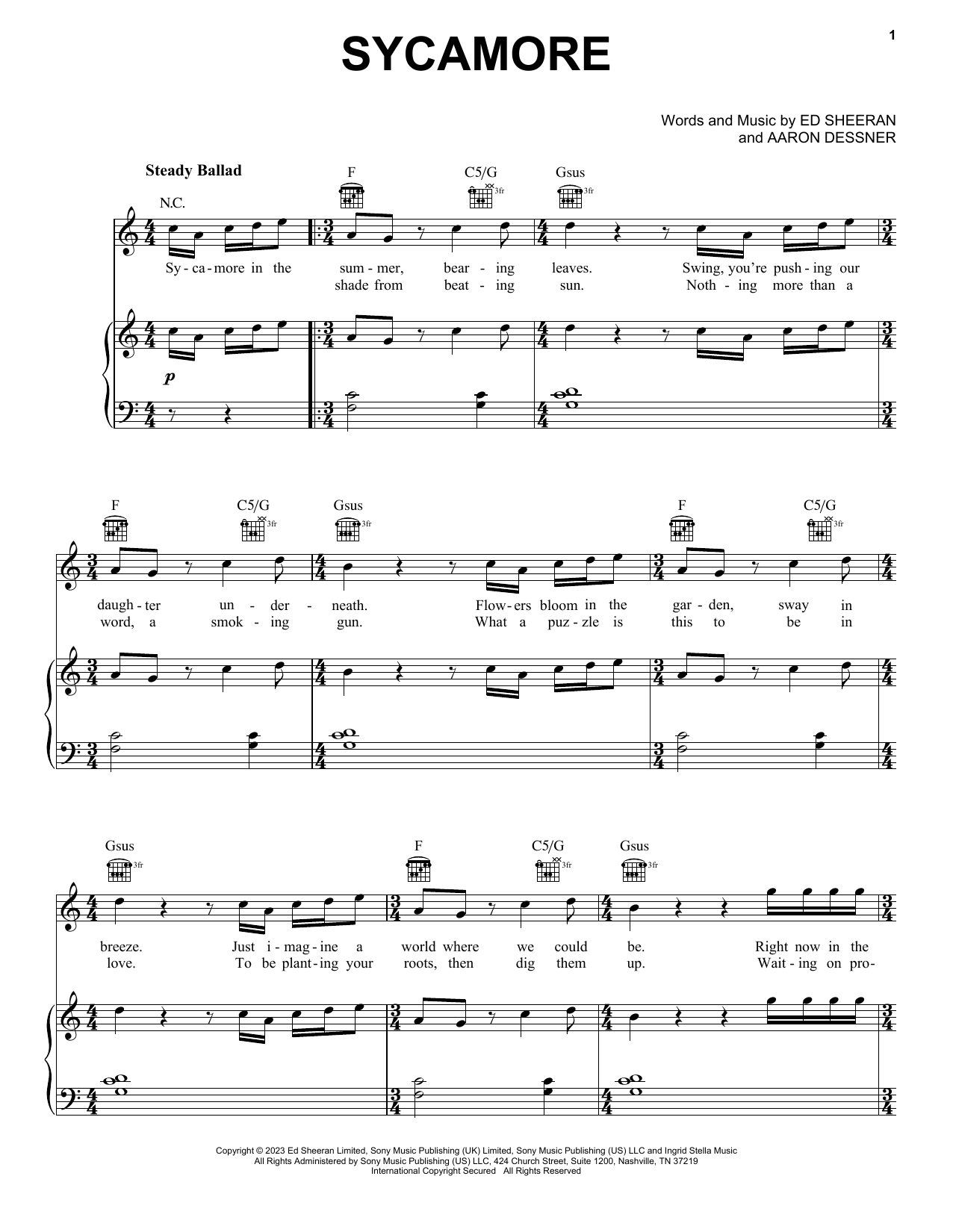 Download Ed Sheeran Sycamore Sheet Music and learn how to play Piano, Vocal & Guitar Chords (Right-Hand Melody) PDF digital score in minutes