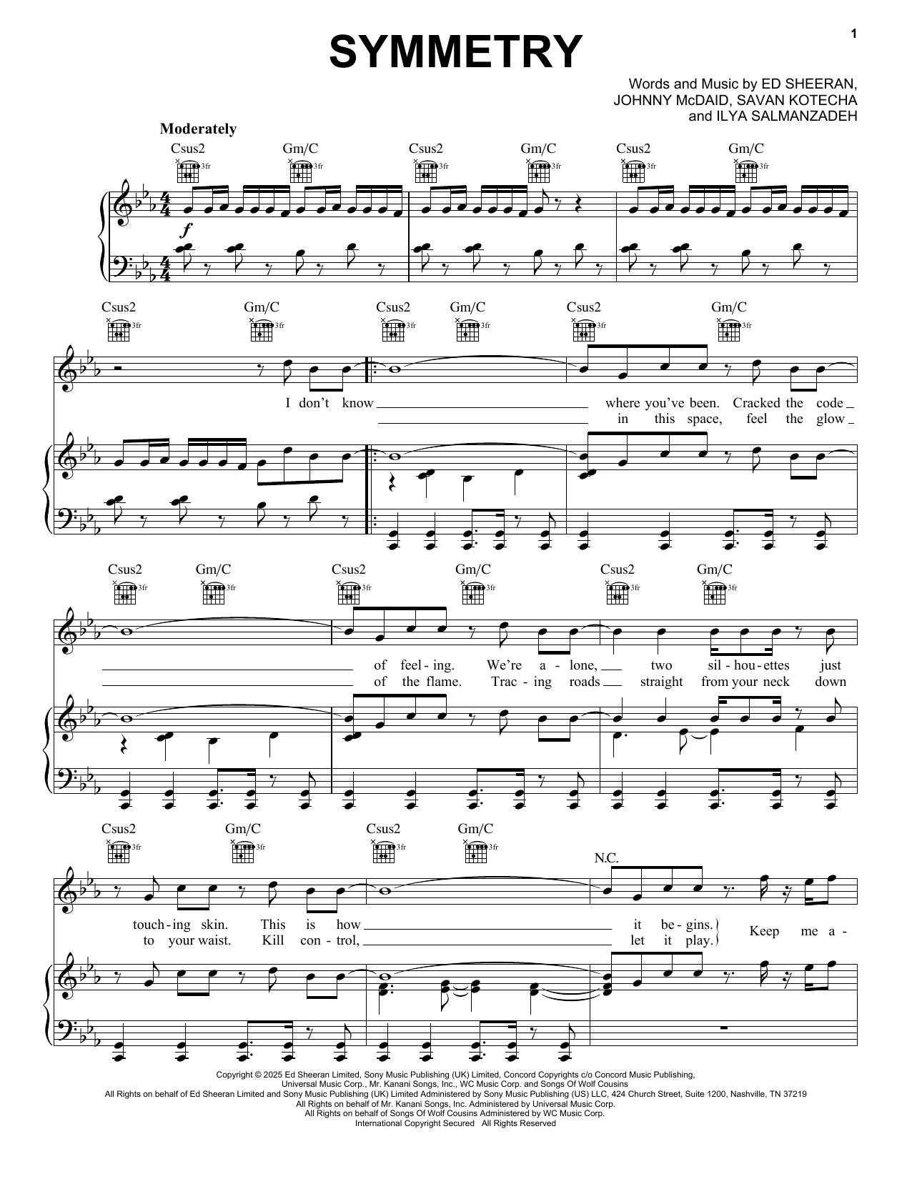 Download Ed Sheeran Symmetry Sheet Music and learn how to play Piano, Vocal & Guitar Chords (Right-Hand Melody) PDF digital score in minutes