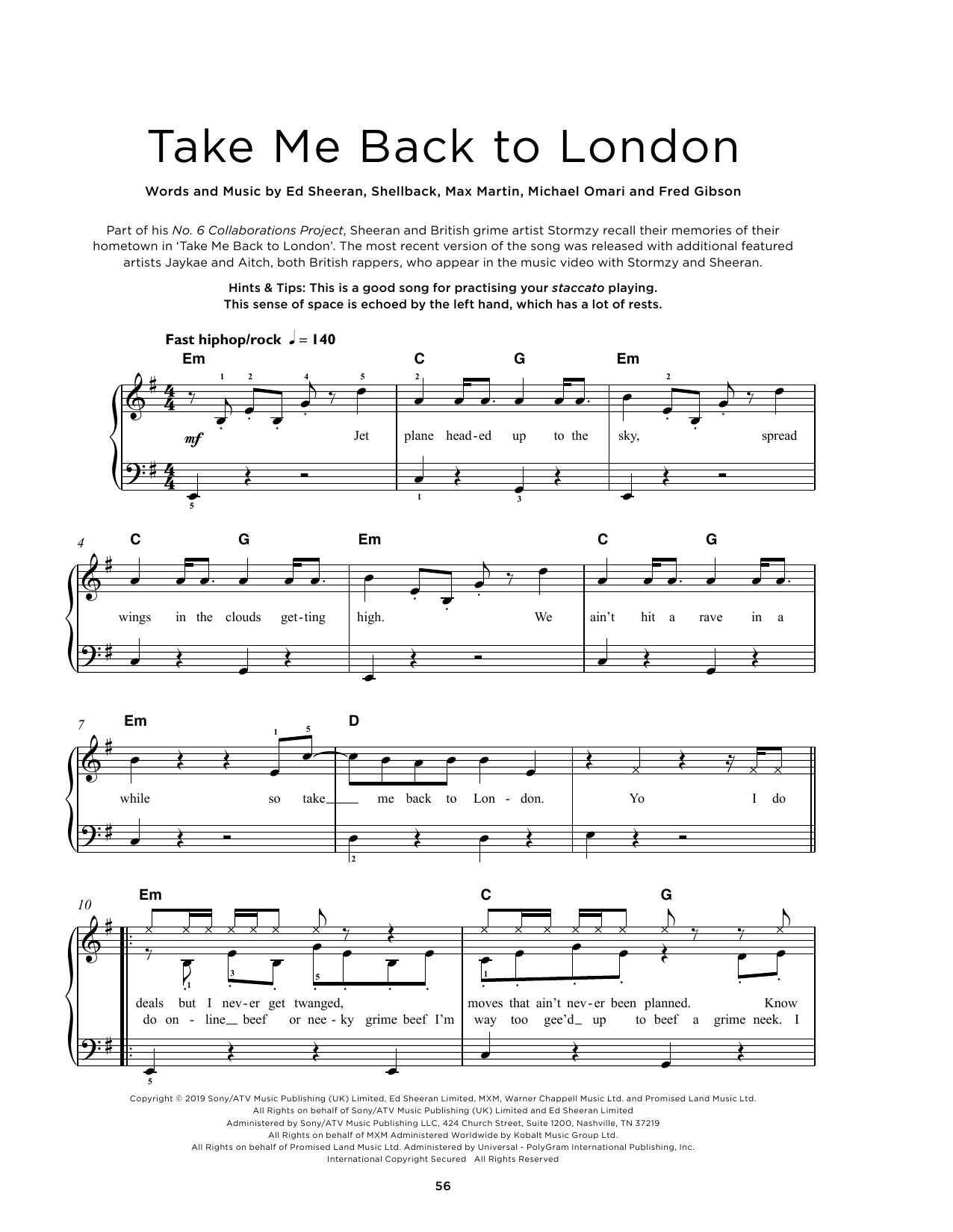 Download Ed Sheeran Take Me Back To London (feat. Stormzy) Sheet Music and learn how to play Really Easy Piano PDF digital score in minutes